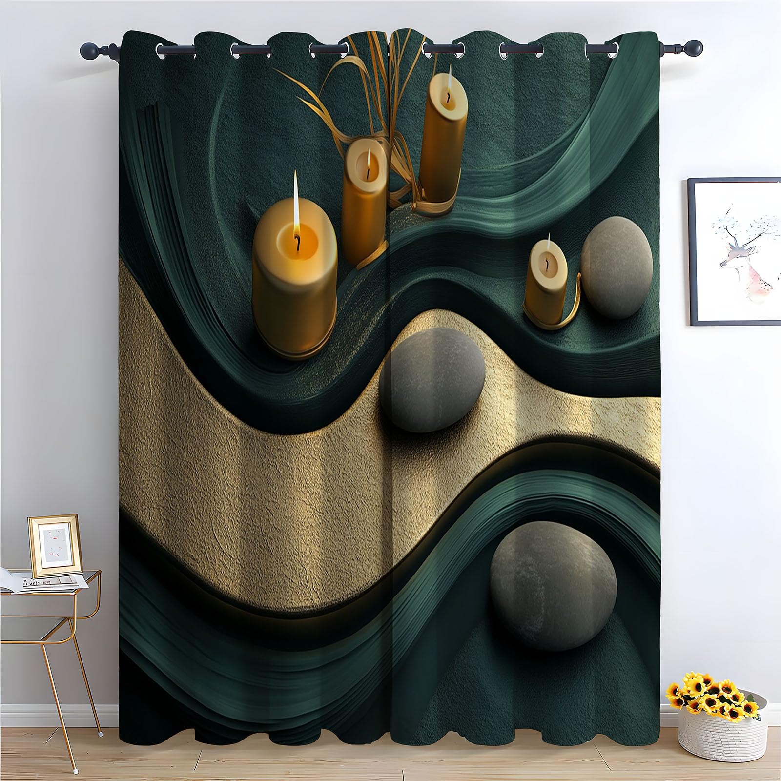 TERUEA Floral Curtains Minimal zen sand golden candles smooth stone Thermal Insulated Blackout Curtains Botanical Flower Print Pattern Window Drapes for Bedroom Living Room-63 W x 90" L (Pack of 2)