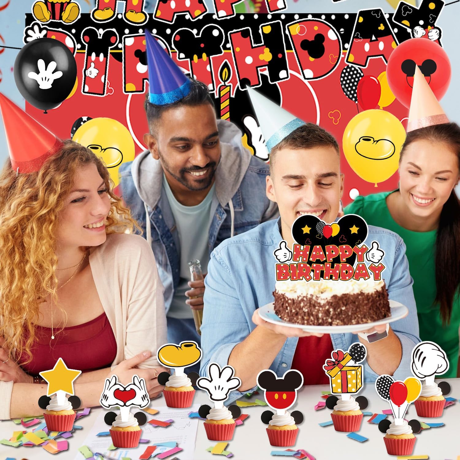 カートゥーン マウス 誕生日パーティー デコレーション 使い捨て レッド Happy Birthday バナー ケーキトッパ 【AMPRULE】