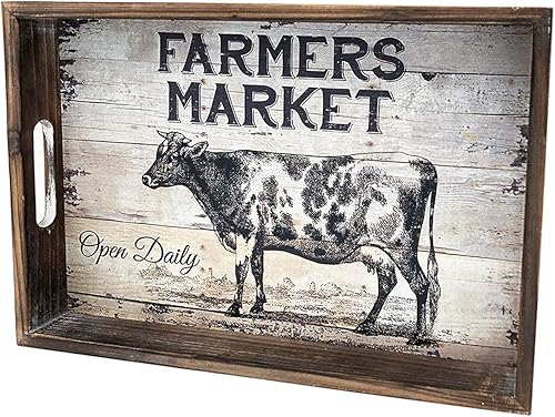 Miniatura 5 de Bandejas decorativas grandes con asa, juego de 3 organizadores de madera rústica anidables, decoración de mercado de agricultores desgastados con