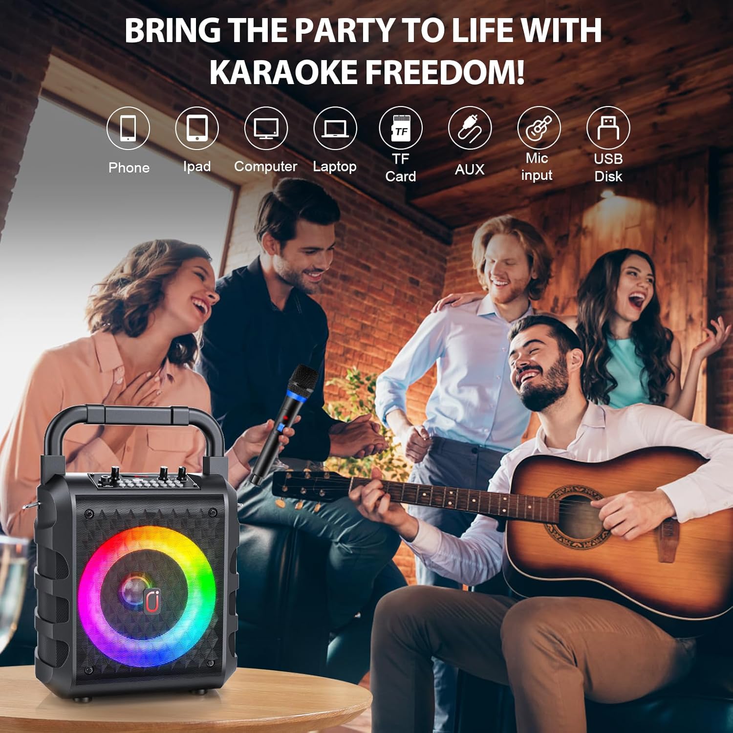 JYX Karaoke Machine with 2 Wireless Microphones, Portable Bluetooth 5.3 Karaoke Speaker with 6.5"Subwoofer for Adults, PA System Speaker with LED Lights Support REC/USB/AUX/TF for Outdoors Home Party - Image 6