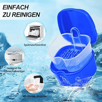 Denture Cups for Soaking Dentures, Partial Denture Holder Case Retainer Mouthguard Cleaning Box Case with 2 Small Brushes - Blue and Dark Blue