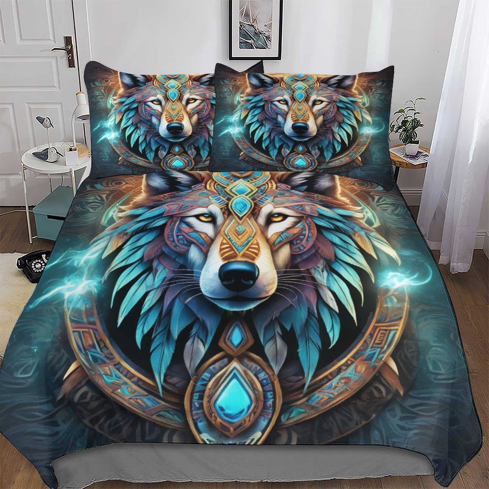 Housse de couette loup microfibre douce parure de lit confortable 220x240 motif haute définition