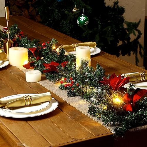 Miniatura 3 de Ceenna 2 guirnaldas de Navidad de 6 pies con luces, guirnalda artificial preiluminada de Navidad con bayas de pino, decoración de chimenea de