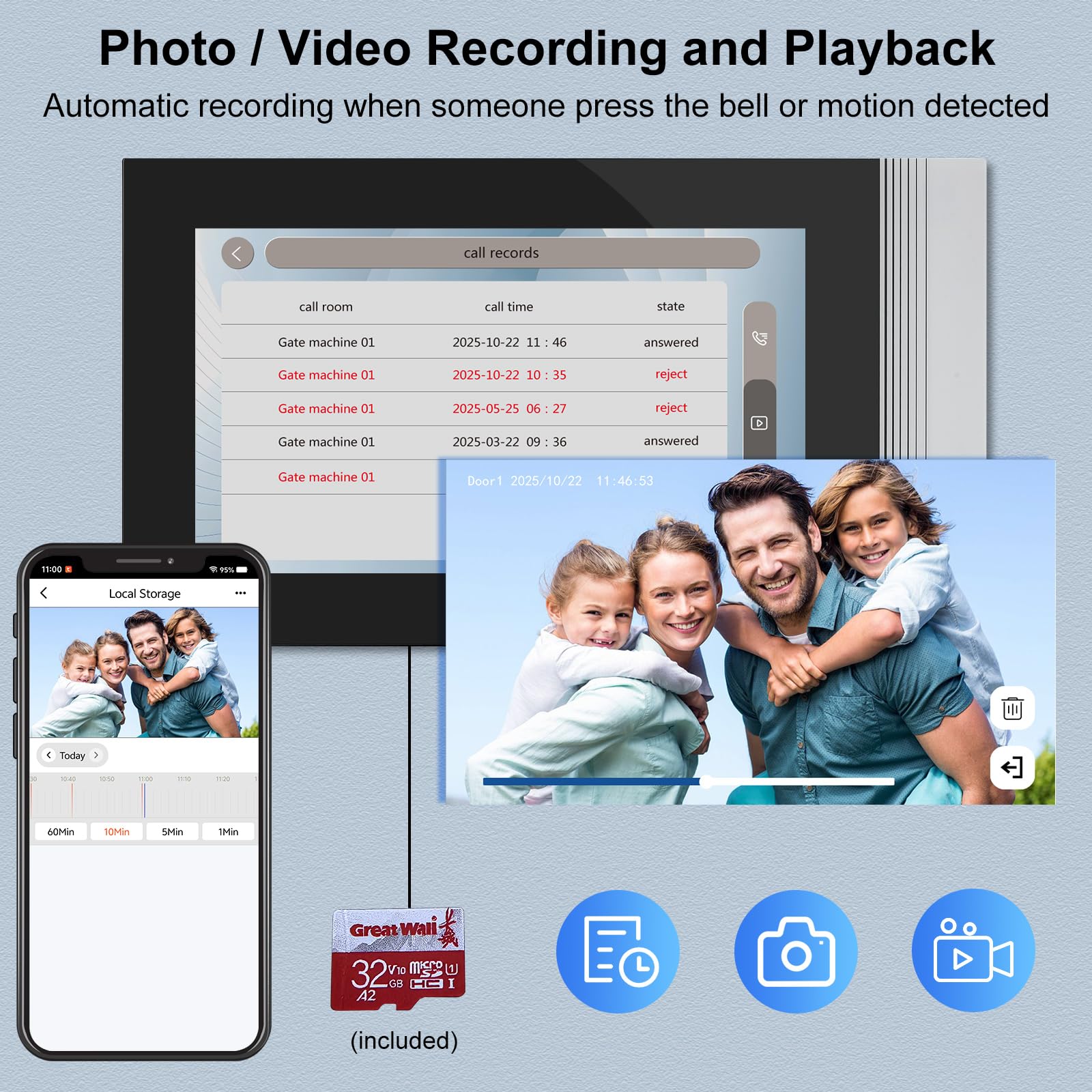 Sistema de Videoportero con Timbre WiFi de 2 Cables, Cámara HD 1080P con Pantalla Táctil Color de 7 Pulgadas, Visión Nocturna, Grabación, Tarjeta RFID/App Tuya Desbloqueo Remoto