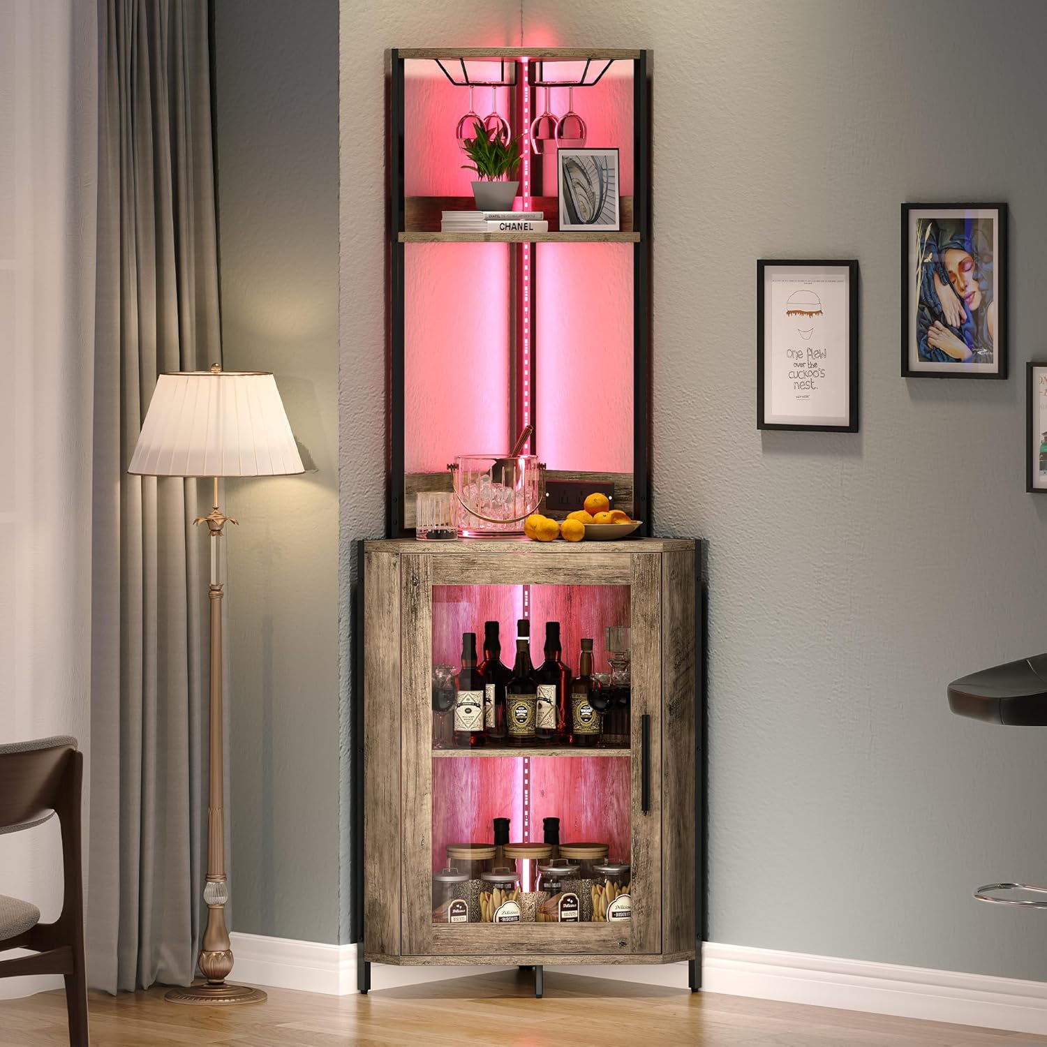 YITAHOME Corner Wine Cabinet with Power Outlets & LED Lights, Corner Bar Cabinet with Glass Holder, Liquor Bar Rack Cabinet for Living Room, Dining Room, Kitchen, Gray Oak