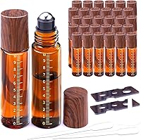 Matifaner 30 Pack 10ml Amber Glass Essential Oil Roller Bottles - Leak-Proof Stainless Steel Rollers, Wood Grain Caps, Travel-Ready Kit