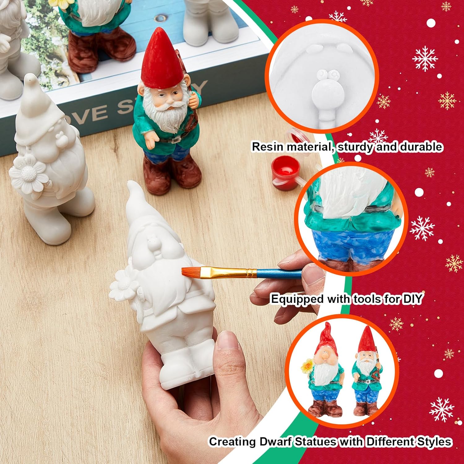 Barydat 6 Pcs Paint Your Own Garden Gnomes Unpainted Kit to Paint Statue Spring DIY Craftworks with Acrylic Strips and Brush for Christmas(Dwarf)