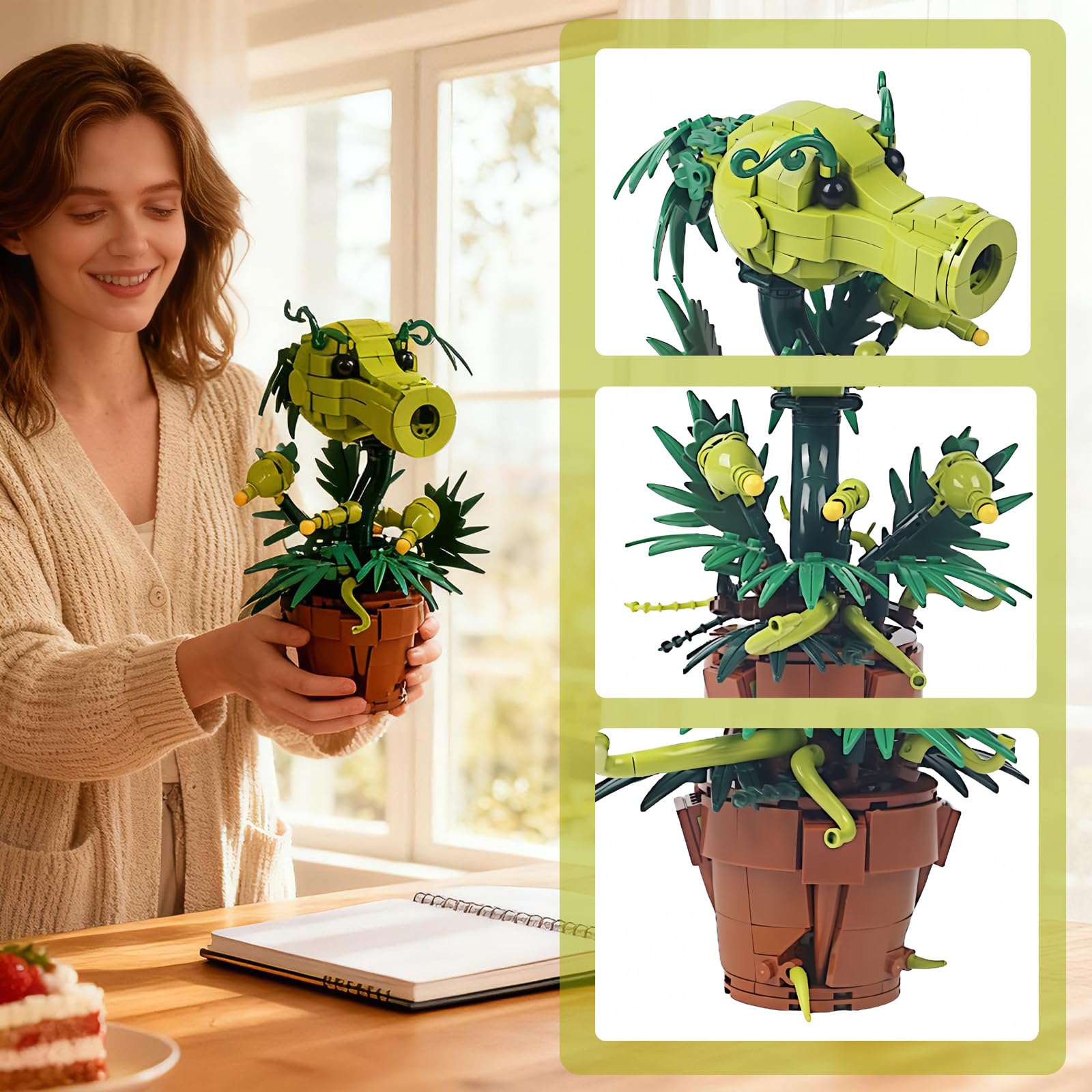 Bloques de construcción con tirachinas de guisantes, plantas de terror bonsái, bloques de sujeción de plantas, juego de zombies, juguetes inspirados, regalo creativo para amantes de los juegos