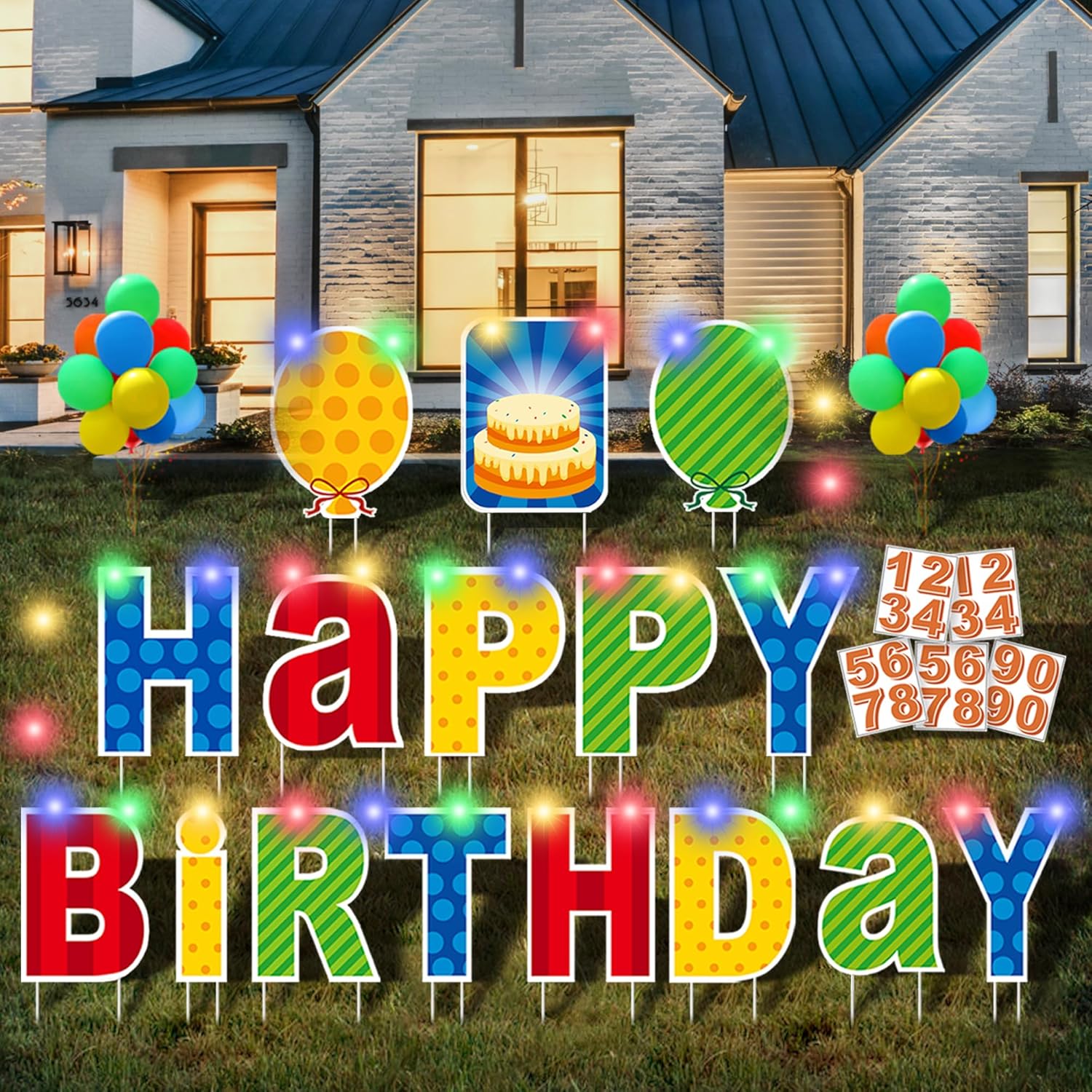 16 Pcs Happy Birthday Yard Sign with Stakes, Personalized Age Plastic Signs with LED Lights, 20 Number Stickers & Colorful Letters, Weatherproof Birthday Decorations for Indoor & Outdoor Lawn