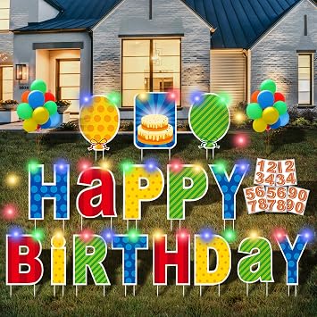 ComboJoy 16 Pcs Happy Birthday Yard Sign with Stakes, Personalized Age Plastic Signs with LED Lights, 20 Number Stickers & Colorful Letters, Weatherproof Birthday Decorations for Indoor & Outdoor Lawn