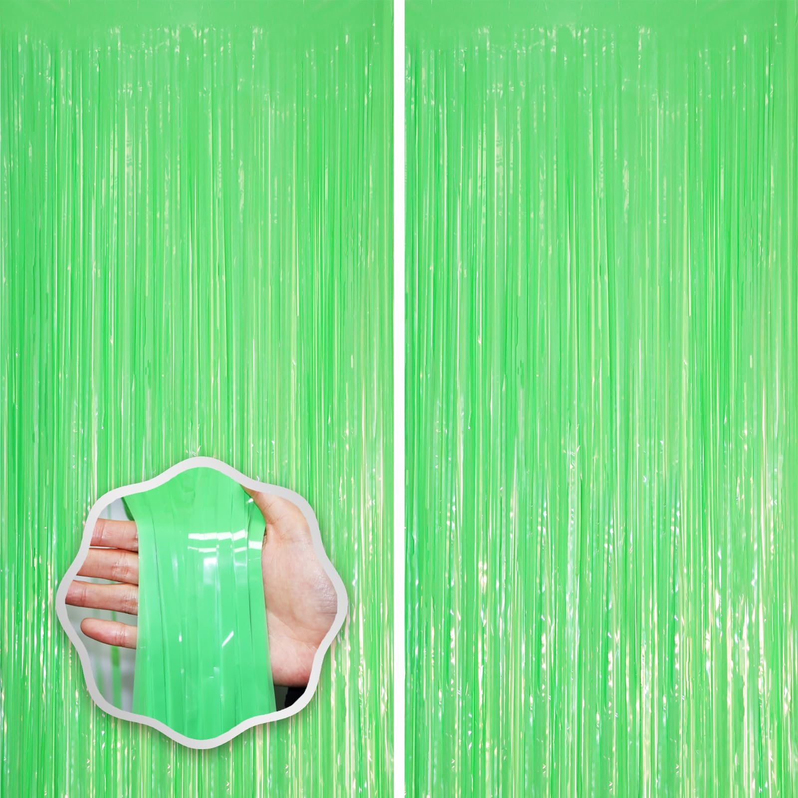 Voircoloria Pastel Green Foil Fringe Backdrop Curtains,3.3x6.6ft, 2 Pack