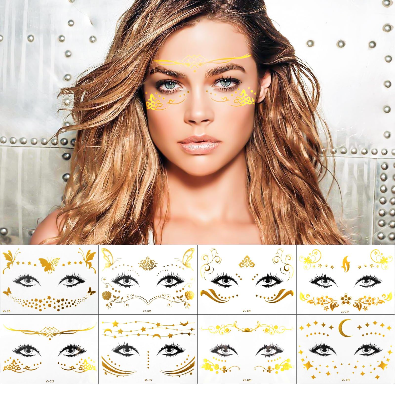 8 Sheets Face Sticker, OneNine Face Temporary Tattoo Sticker Set, Freckle Stickers and Face Metallic Temporary Tattoo Gold Glitter Decoration for Women Girls Makeup Dancer Costume Parties