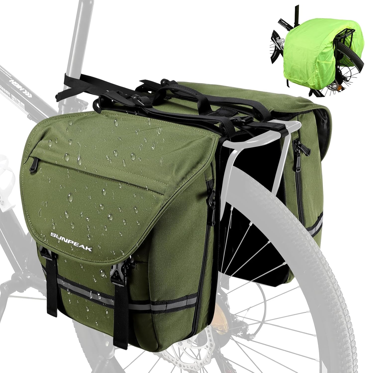 Bike Bag Accessories Panniers for Bicycle Rear Rack Bag 36L Waterproof Mountain Electric Bike Saddle Bag for Cycling Traveling Commuting Green