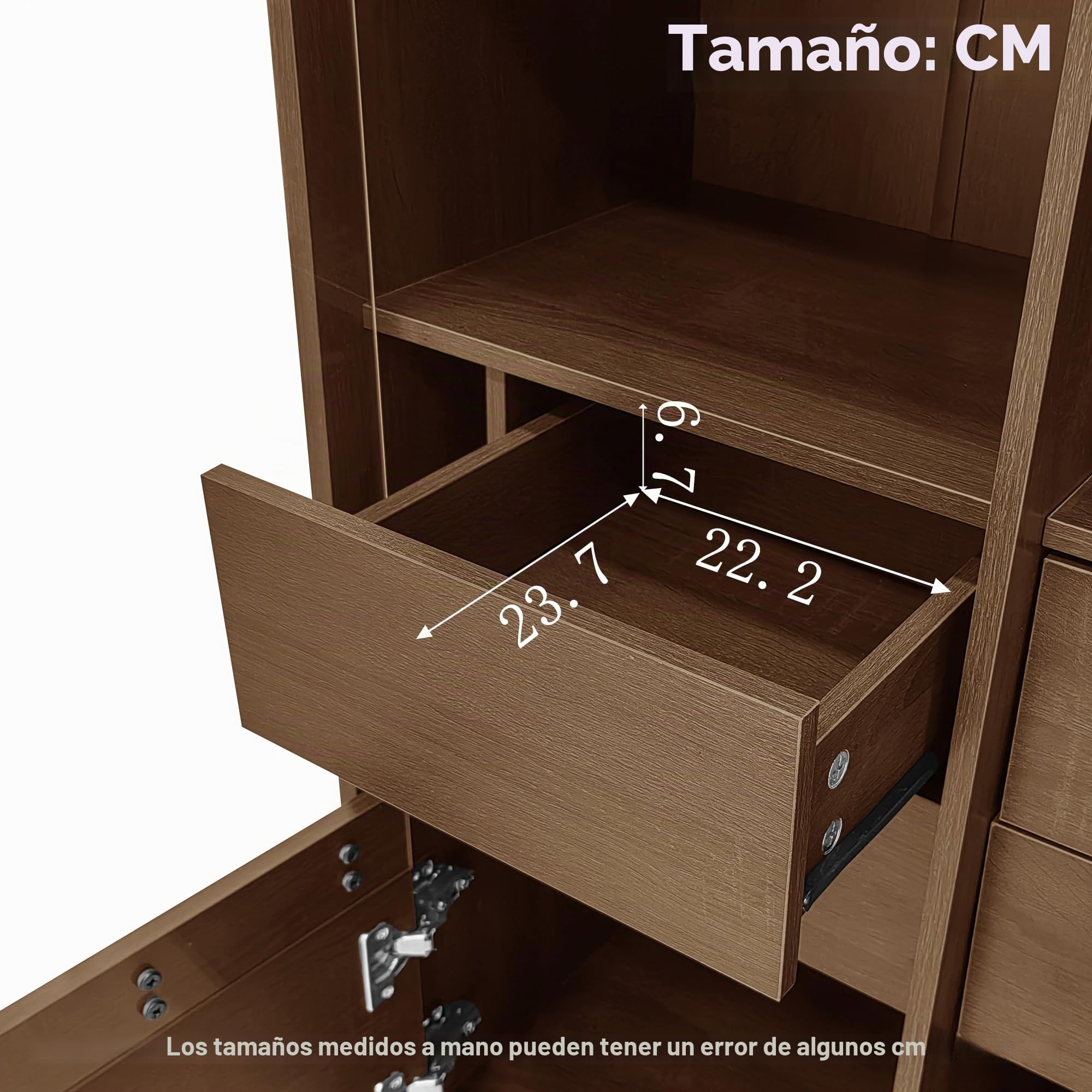 Vitrina con varios estantes en acabado nogal: frontal de cristal + estantes + cajón oculto. Solución de almacenamiento versátil para baño/salón/oficina