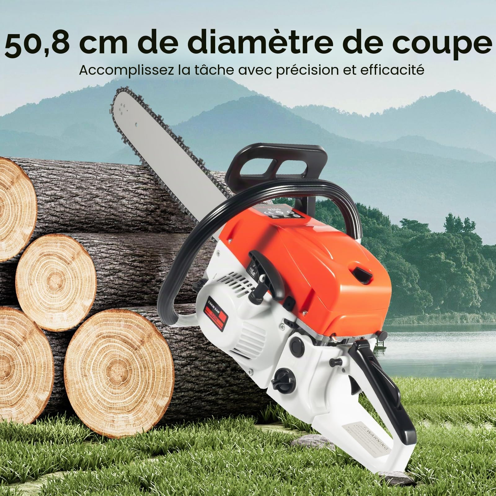 Scie à chaîne à essence, moteur 2 temps 52cc, avec longueur de lame de 51cm et démarrage facile, lubrification automatique de la chaîne idéale pour le bois de chauffage, l'élagage des arbres et