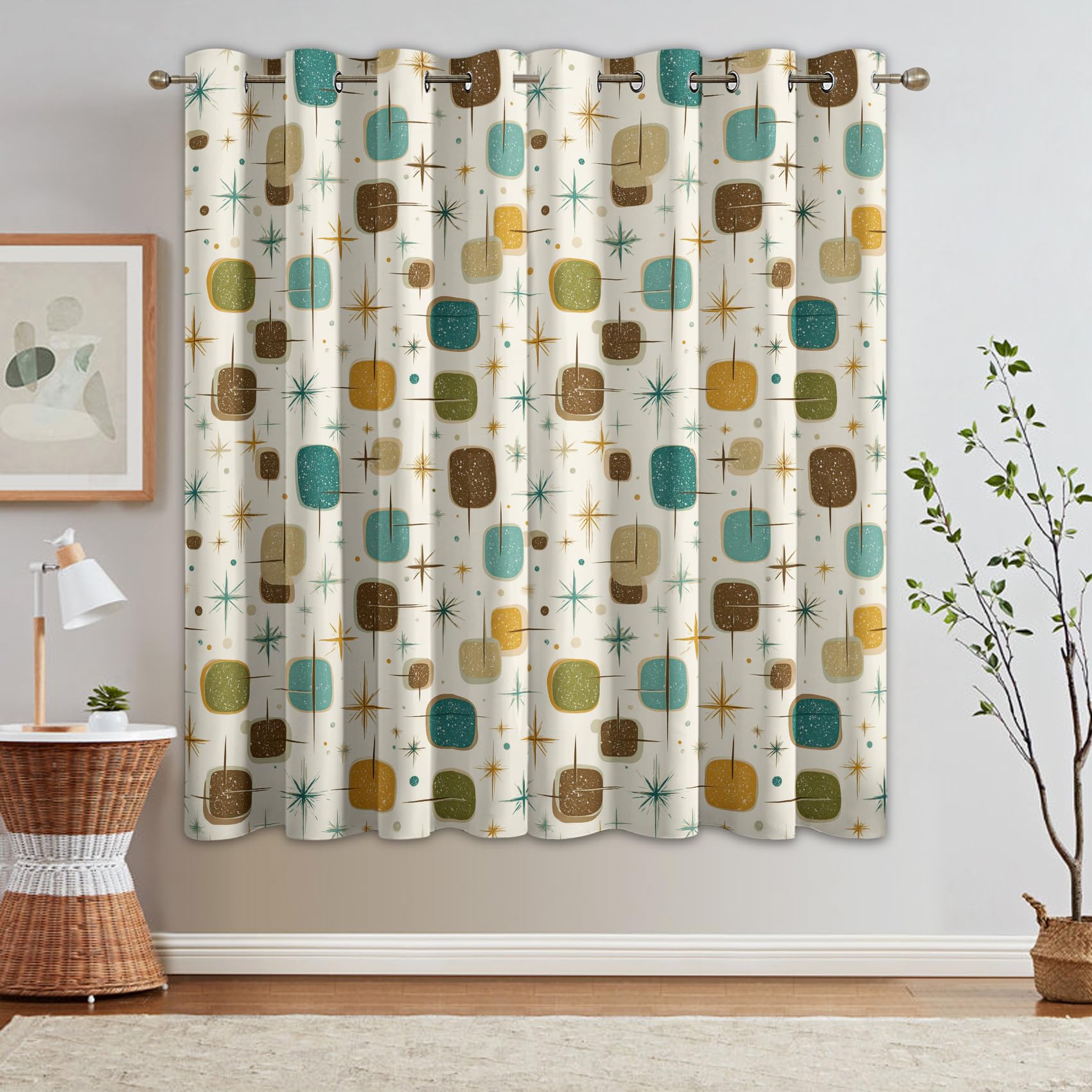 Mid Century Modern Vorhang Mit ösen Blickdicht, Retro Geometrisch Vorhänge Schlafzimmer Wohnzimmer Küche 140 x 160 cm Lang, Übergardinen Innen Verdunklungsvorhänge