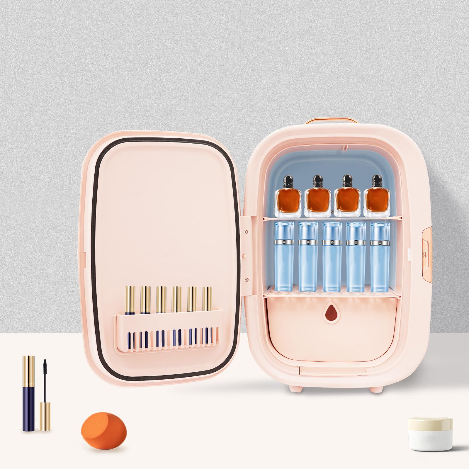 Mini frigorifero cosmetico per auto, frigorifero e frigorifero, ultra silenzioso (20 dB) con specchio LED per skincare e trucco, piccolo frigorifero per la cura della pelle, camera da letto e bagno
