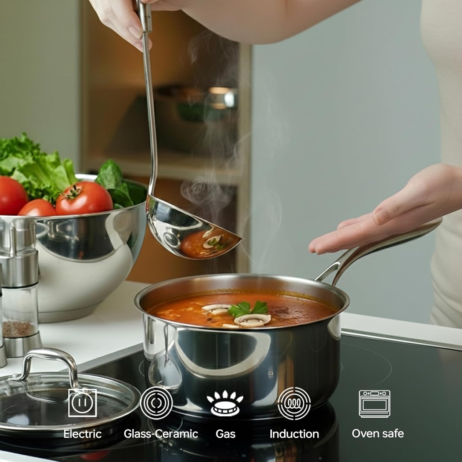 5-Ply 1.3 Quart Stainless Steel Saucepan with Glass Lid, Suitable for All Hobs, PTFE, PFAS and PFOA Free