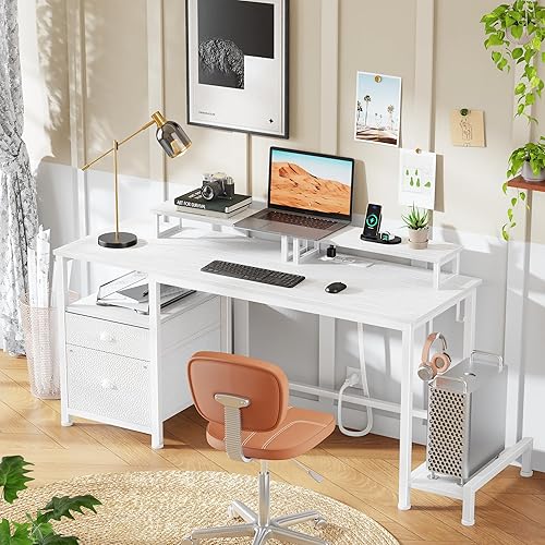 Miniatura 7 de Furologee White Computer Desk with Drawer and Power Outlets, 55" Large Gaming Desk with Fabric File Cabinet and 2 Movable Monitor Shelves, Writing