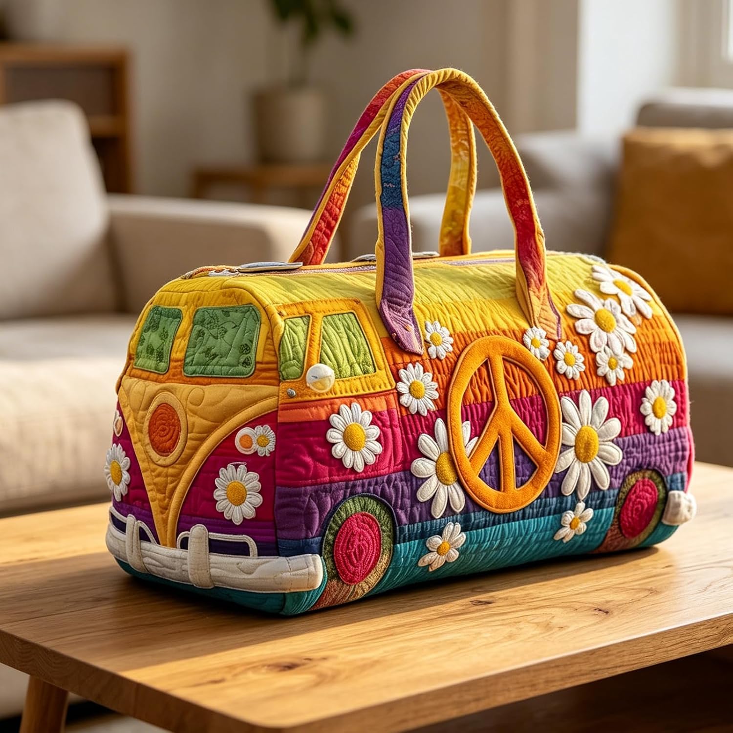 Hippie Bohemian Quilted Weekender Travel Bag, Multifunctional Tote Bags with Zipper Closure, Handmade Retro Book Duffle Bags for Party (#1 hippie bag)