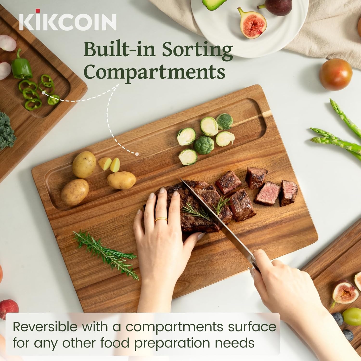 Kikcoin Wood Cutting Boards for Kitchen, 3 PCS Wooden Cutting Board Set with Holder, Chopping Board with Built-In Compartments and Juice Groove, Solid Charcuterie Board Serving Tray Wood Butcher Block - Image 4