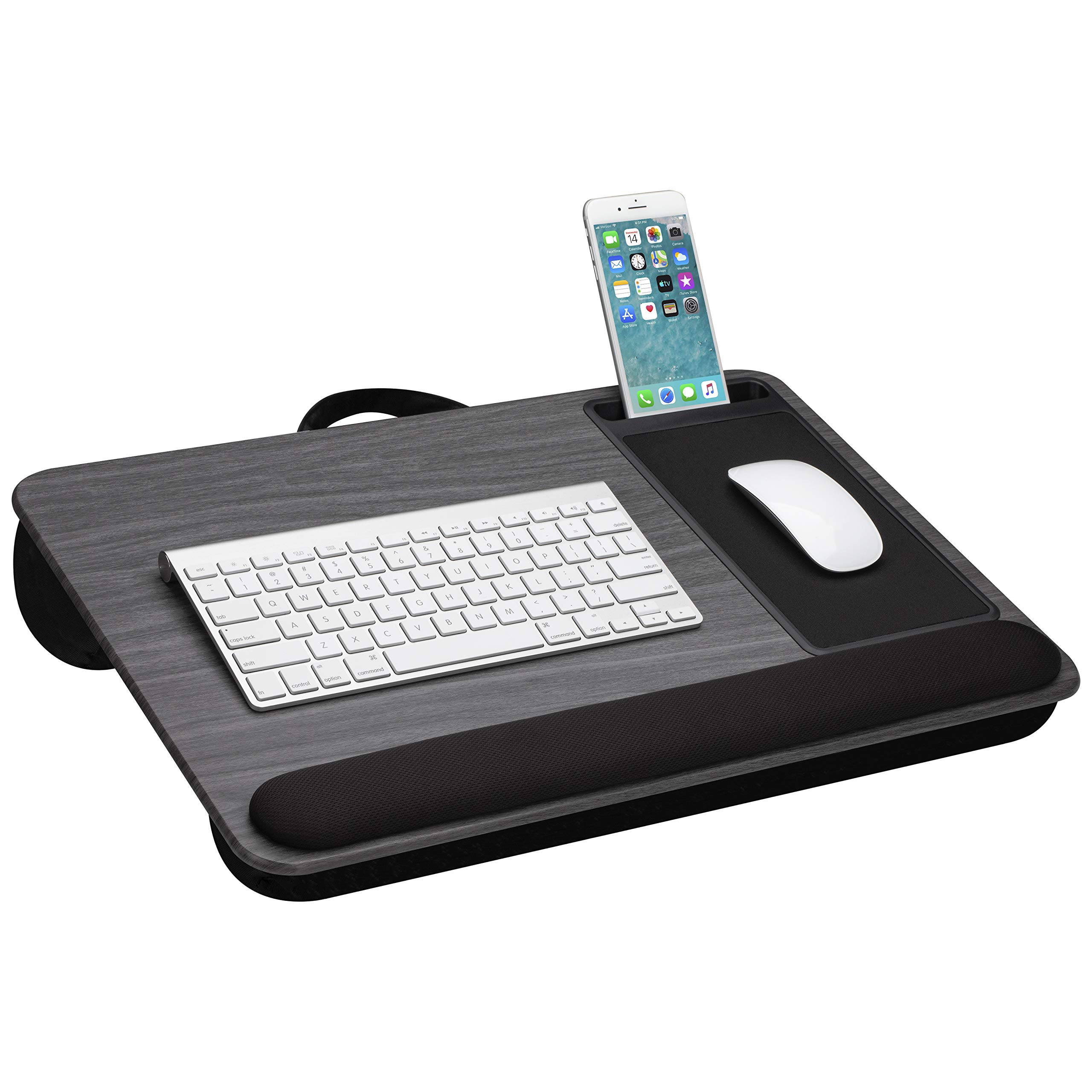 Scrivania Portatile LapGear Home Office Pro Per Laptop Fino A 15,6'', Con Poggiapolsi, Tappetino Mouse Integrato, Supporto Telefono, Colore Legno Grigio