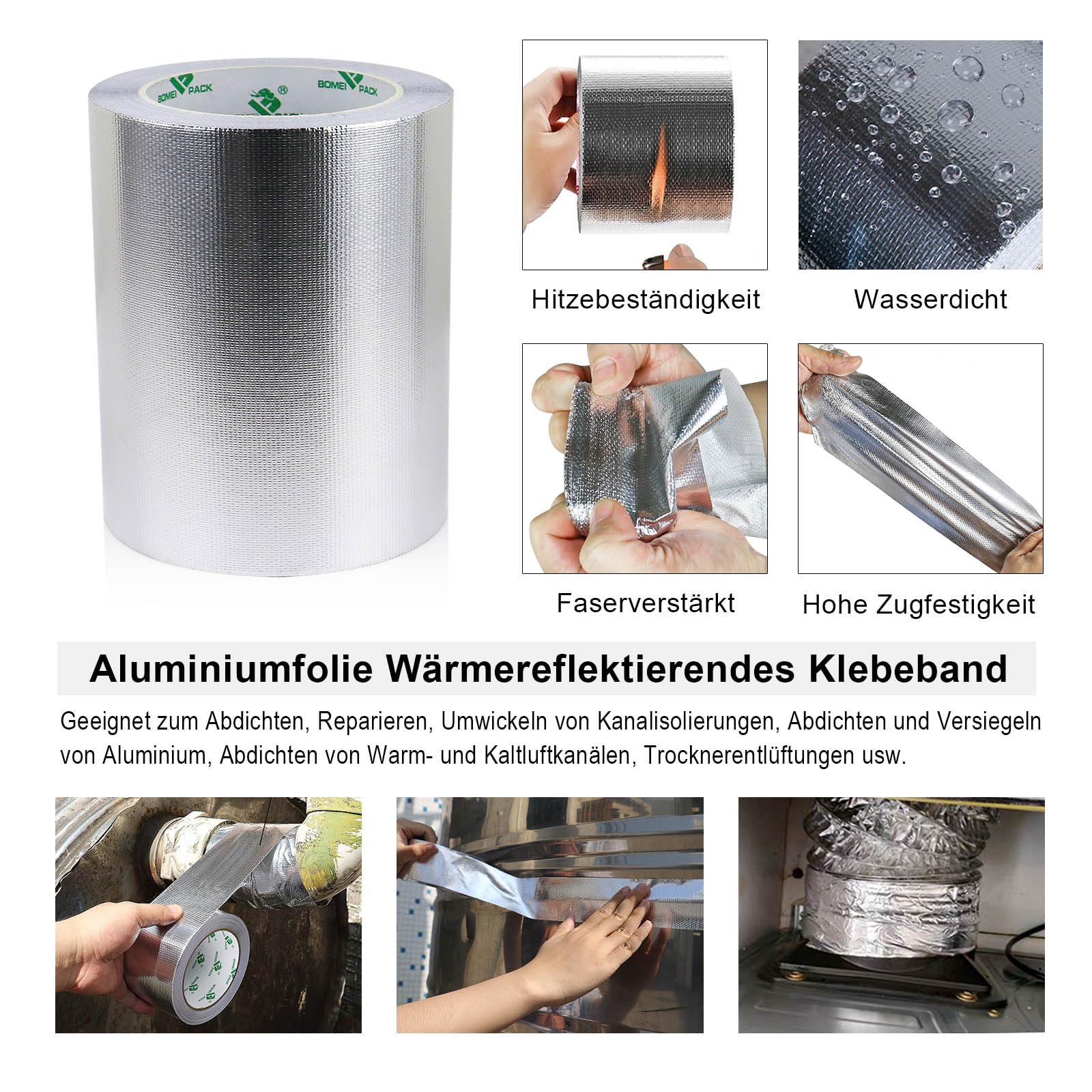 BOMEI PACK Nastro in alluminio rinforzato, resistente al calore, impermeabile, per riparare superfici metalliche, sigillare, riparare e isolare