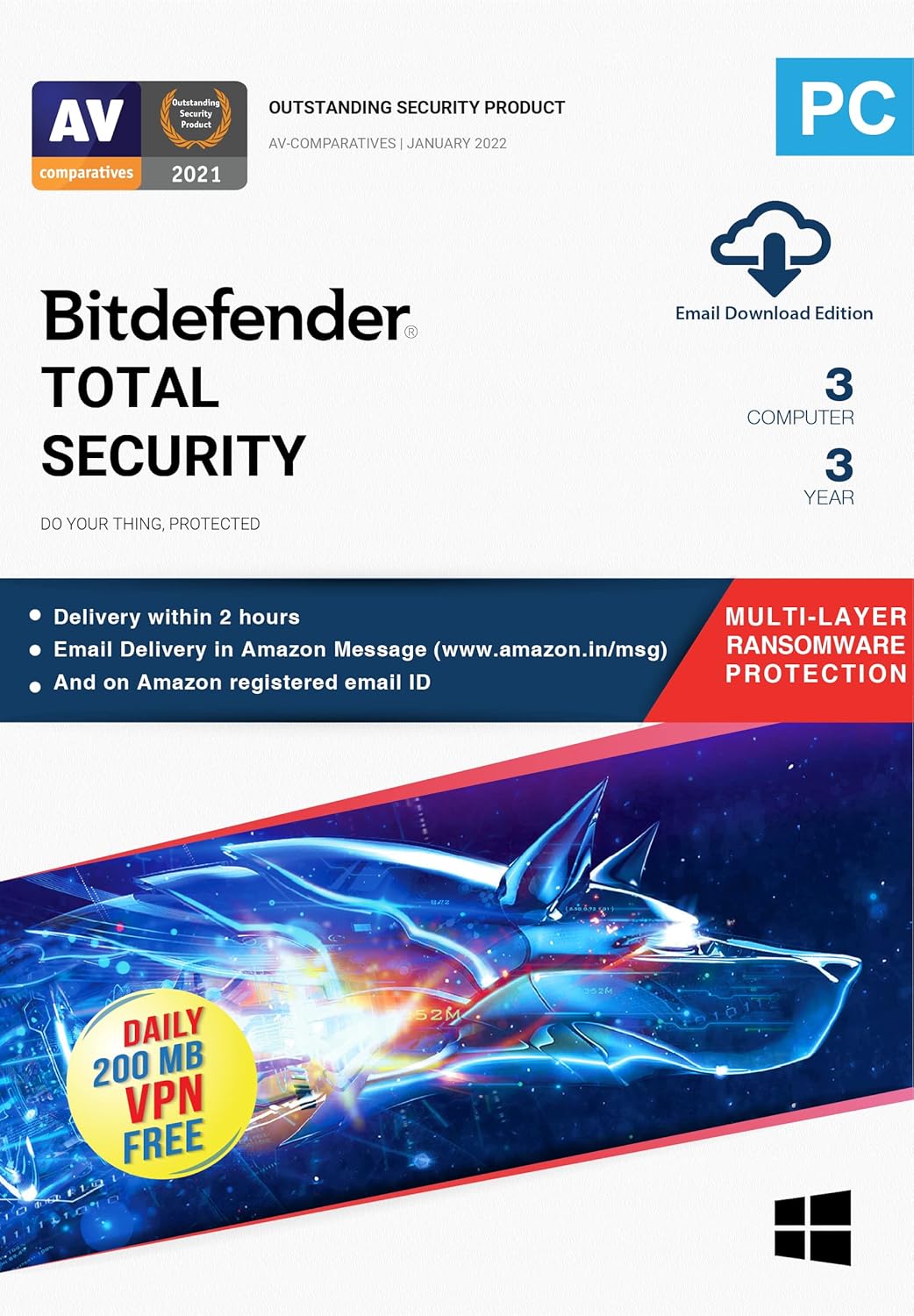 Bitdefender – 3 Computer,3 Years – Total Security | Windows | Latest Version | (Single Activation Code) Email Delivery in 2 Hours- No CD |