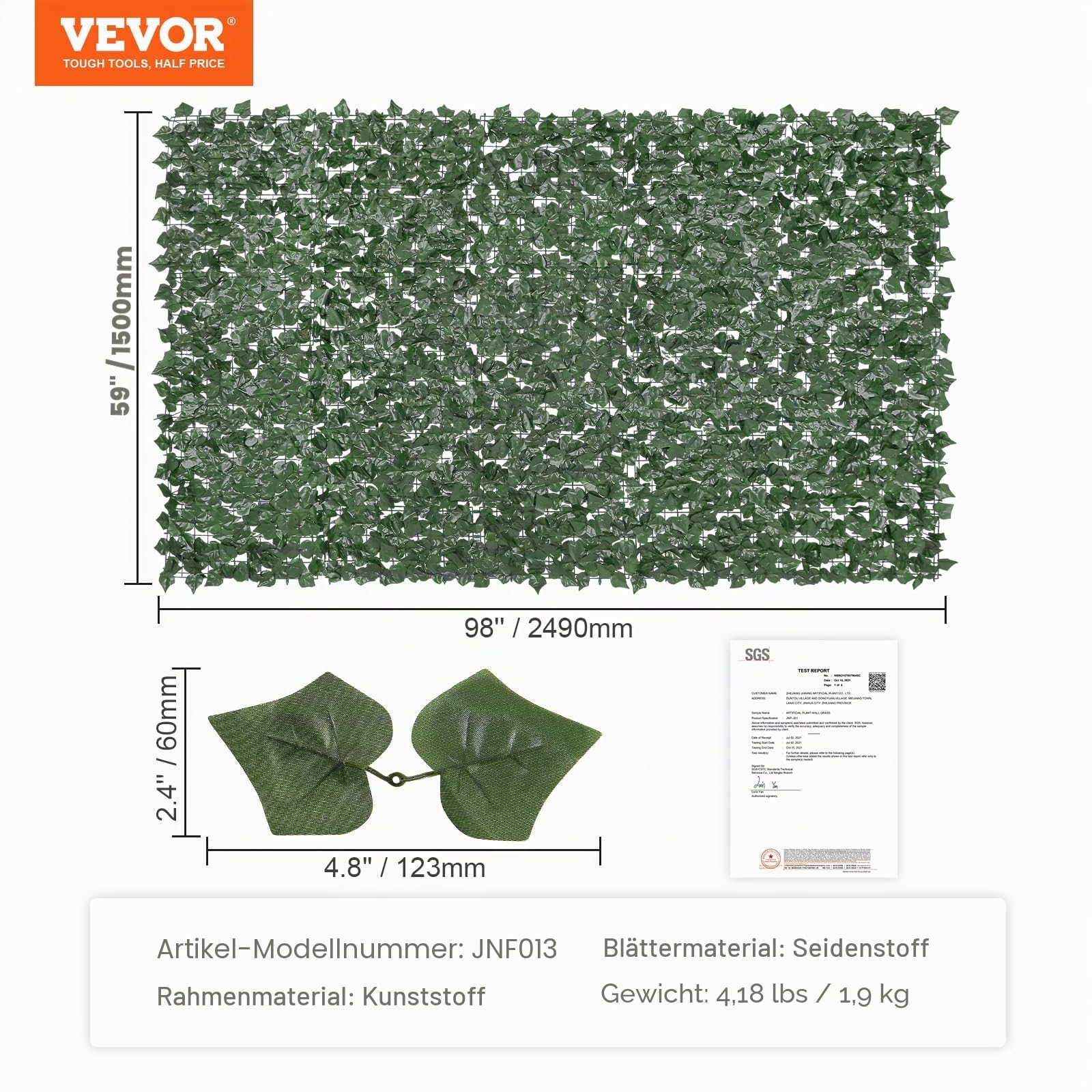 VEVOR Sichtschutzzaun aus Efeu, 1500 x 2490 mm, Pflanzenwand, grüner Efeuzaun mit verstärkter Verbindung, künstliche Hecken mit Weinblättern als Dekoration für Garten, Hof und Terrasse