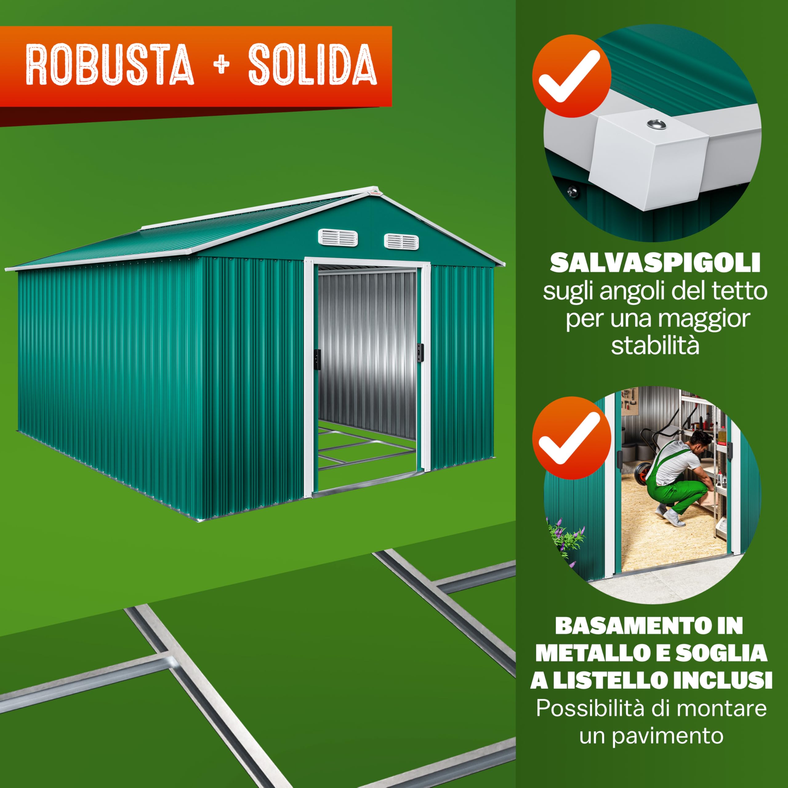 GARDEBRUK® Casetta per Attrezzi da Giardino XXXL in Metallo 8m² con Base 312x257x178cm Porta Scorrevole Capanno Verde con Tetto Prese d´Aria Capannone Rimessa da Esterno 15m³
