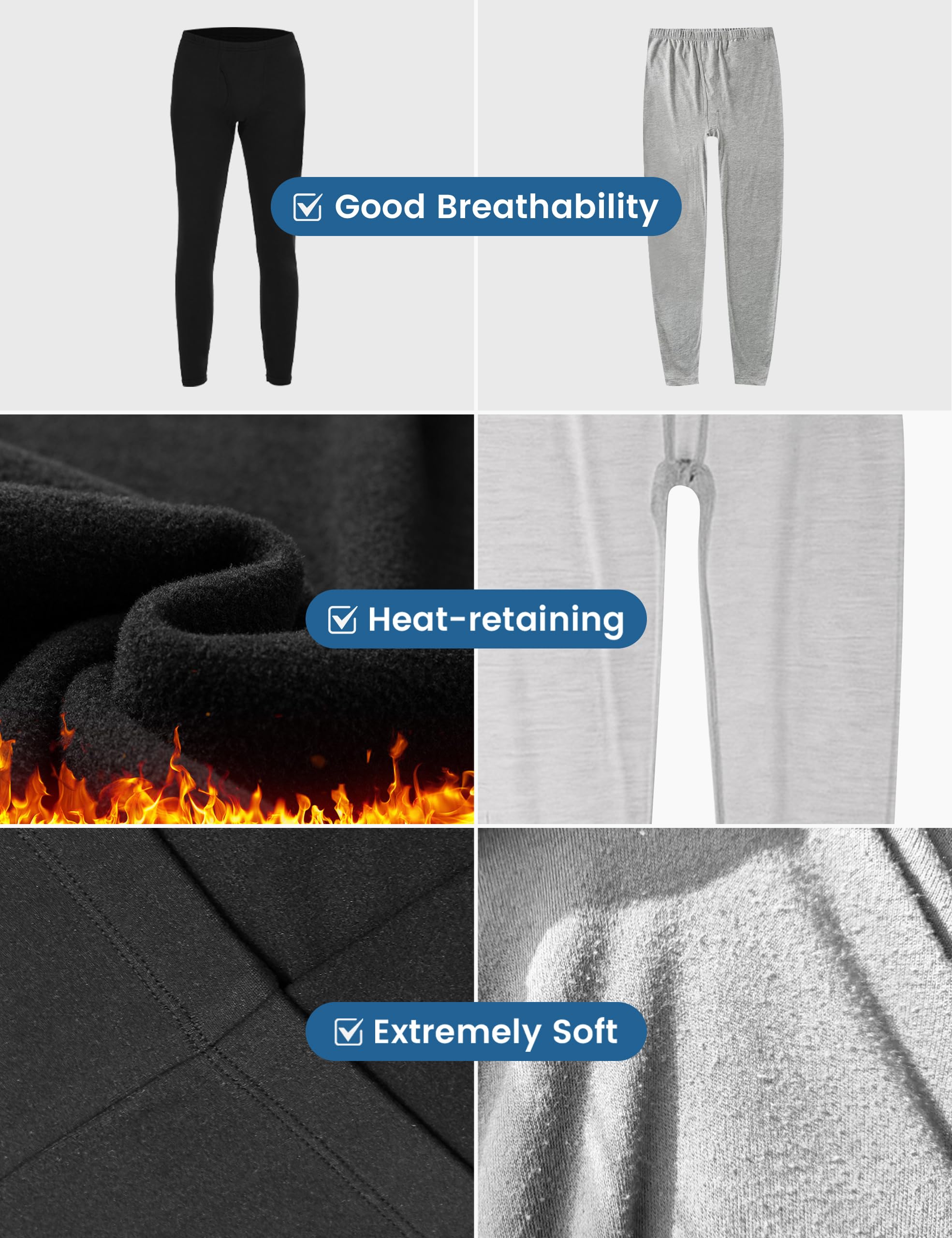 Thermounterwäsche für Herren, lange Unterhose, Basisschicht, kaltes Wetter, mit Fleece gefüttert, 2 Stück