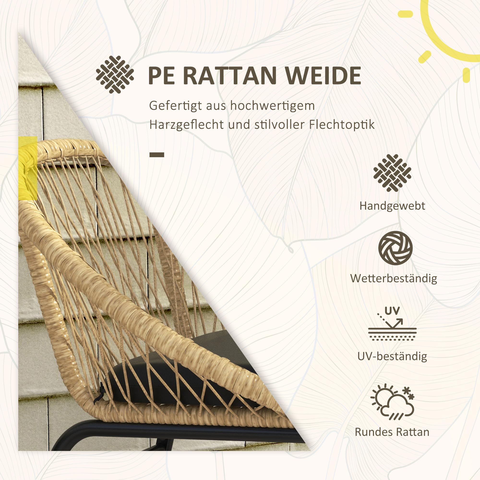 Outsunny 3-TLG. Rattan Gartenmöbel-Set, Balkonmöbel-Set mit Couchtisch Gelb | 2 Stühlen, Sitzgarnitur mit Kissen, Gartensitzgruppe für Balkon, Terrasse, Polyester, Outdoor