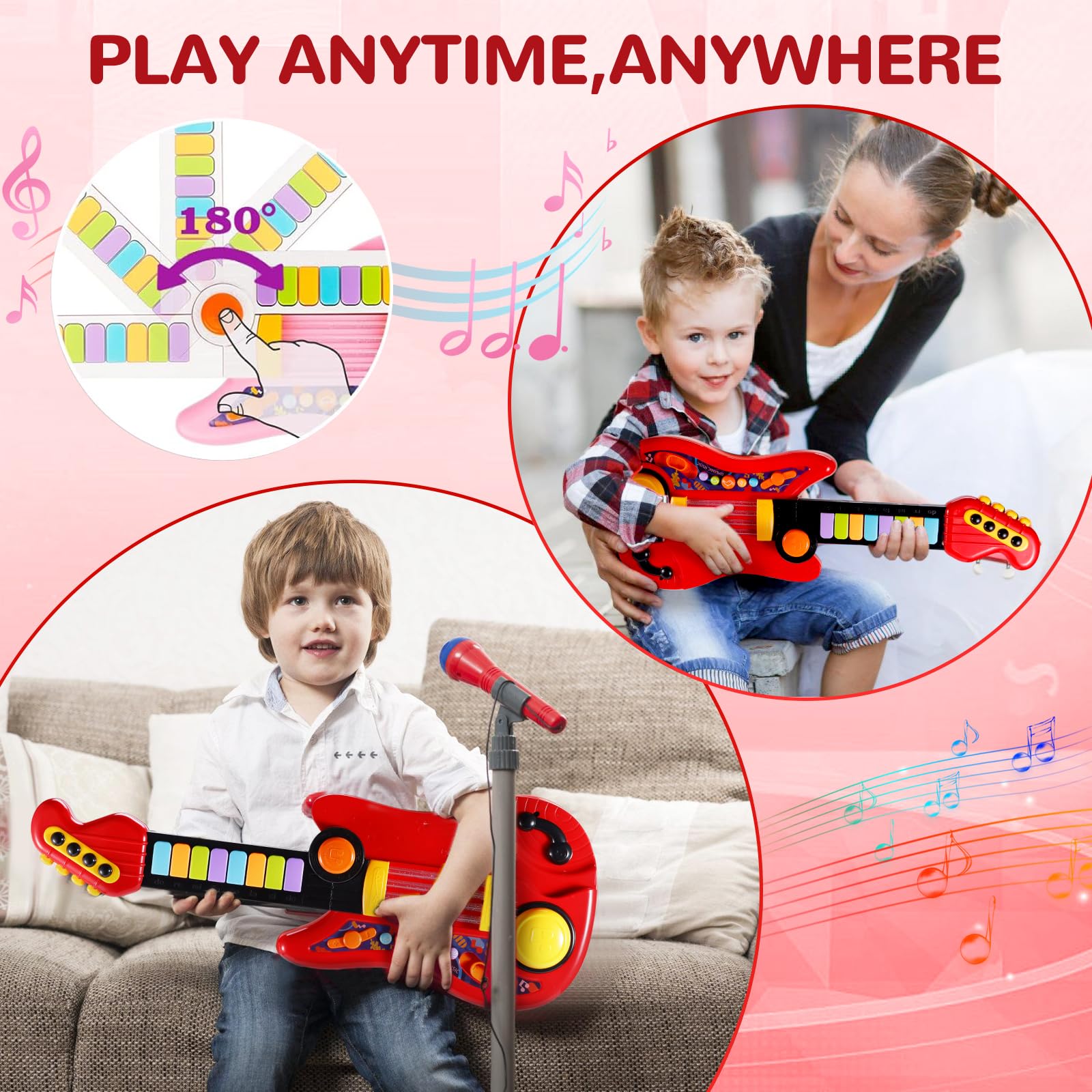 JONRRYIN Gitarre Kinder Spielzeug, 2 IN 1 Kinder Gitarrenspielzeug & Klavier Spielzeug, Kindergitarre Musikalisches, 4 Spielmodi multifunktionales Instrumentenspielzeug, Lernspielzeug Lerngeschenk