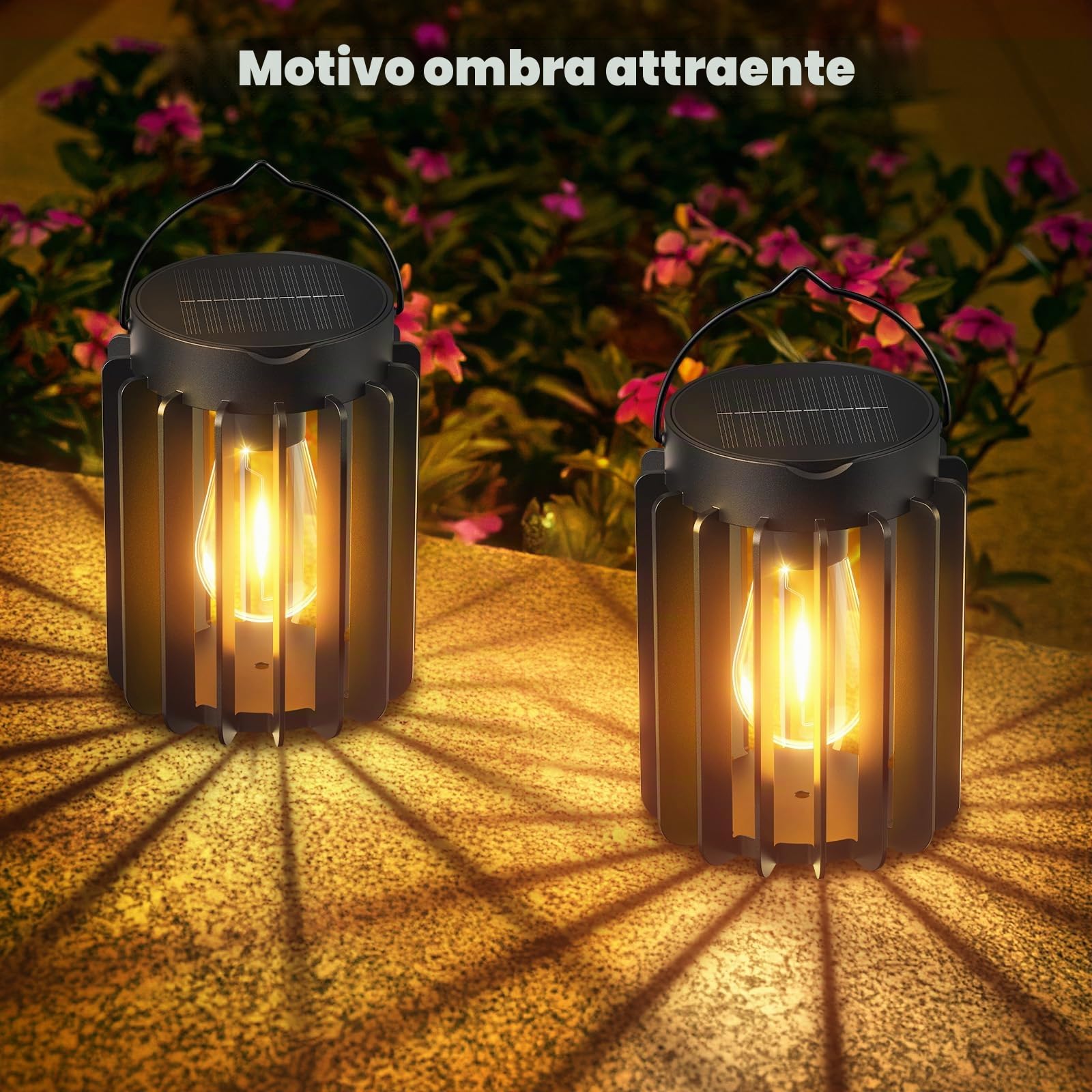 RECHOO Lampade solari per esterni da giardino, da appendere, 2 lanterne solari per esterni con lampadina a LED più grande, IP65, impermeabili, con clip per terrazza, prato, balcone, cortile,