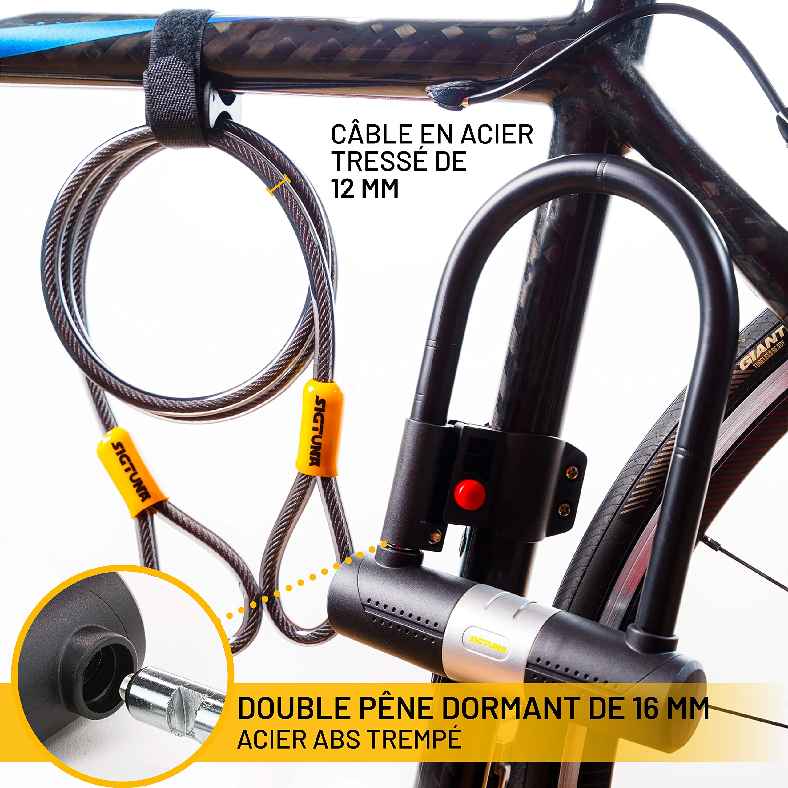 SIGTUNA Antivol Velo avec 1,2m Câble, 16 mm Robuste Antivol de Vélo et Support, 3 Clés de Haute Sécurité pour Vélo de Route, Vélo Pliant, Moto (Jaune)