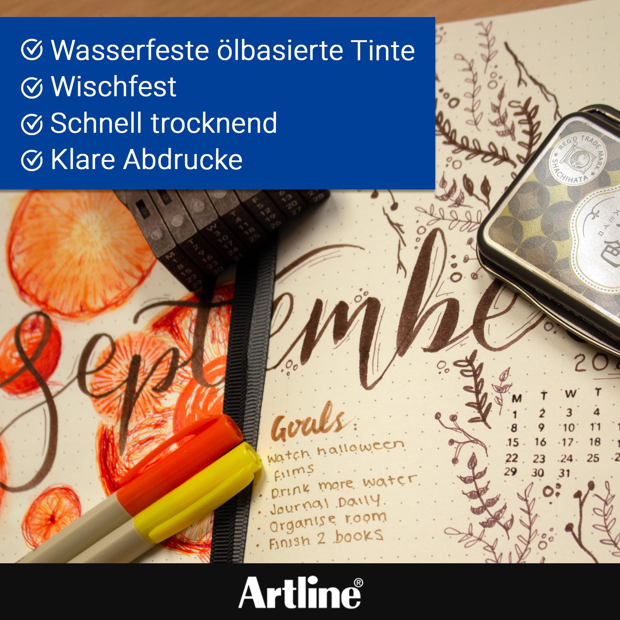 Artline Kalender Stempel & Iromoyo Stempelkissen Set (Schwarz) – Ewiger Kalender mit 7 Tagen, 31 Daten & 2 Blanko-Elementen, schnell trocknende wasserfeste ölbasierte Tinte – Artline Künstlerbedarf
