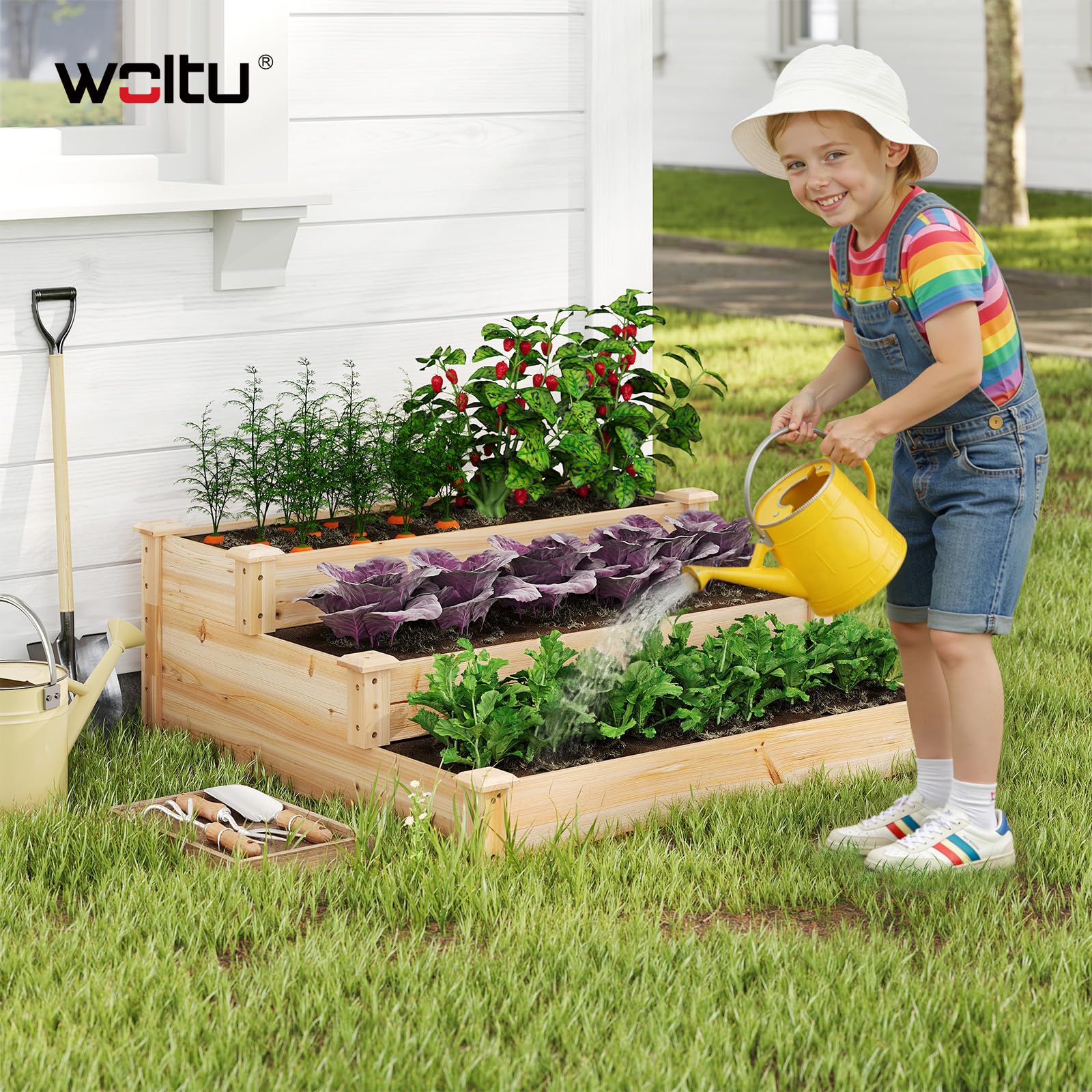 WOLTU Carré Potager à 3 Niveaux, Jardinière Surélevée en Bois, Design en Escalier, avec Fond Ouvert, 92x92x35 cm, pour Terrasse, Balcon, Jardin ou Cour