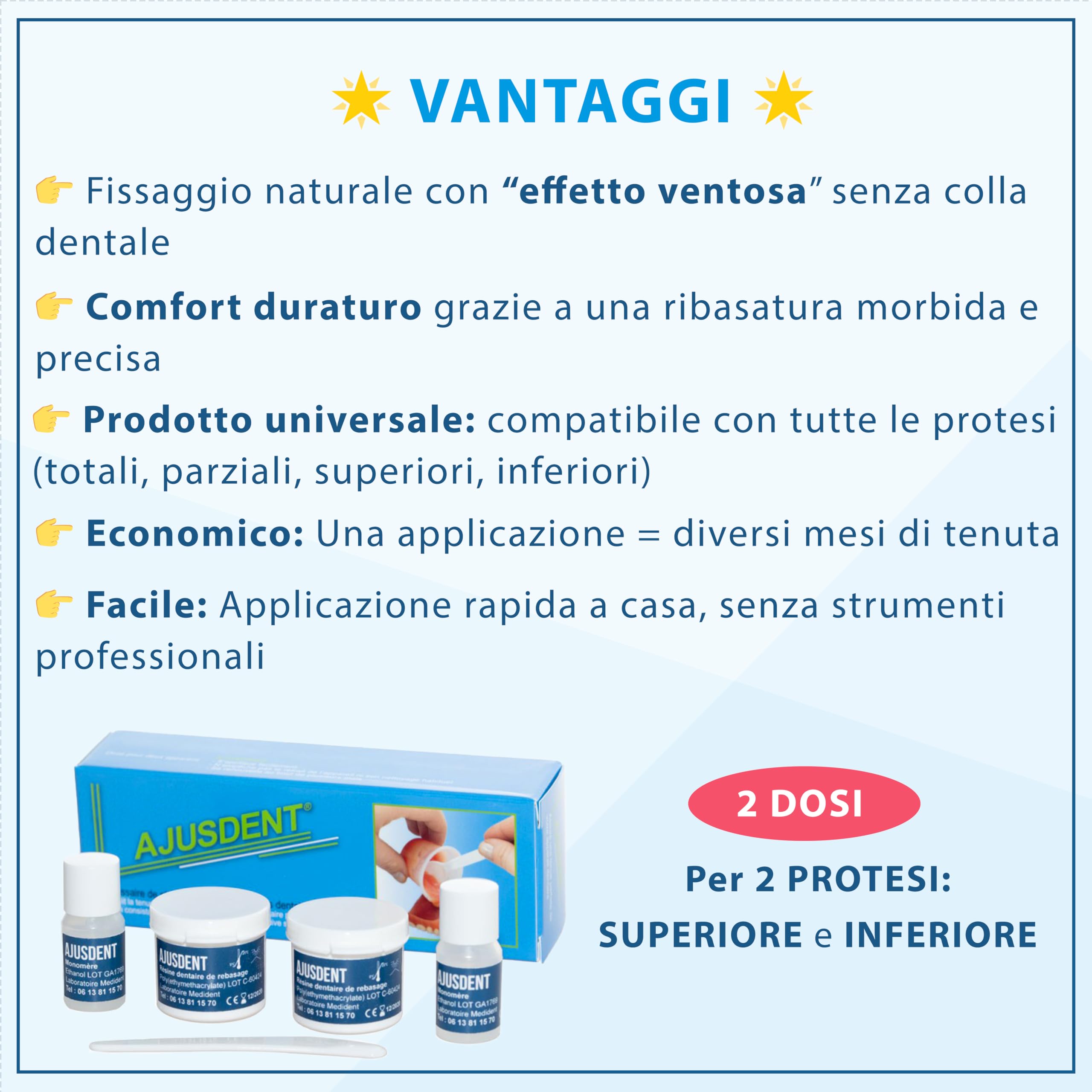 AJUSDENT-Ribasatura per Dentiera Senza Colla – Tenuta Forte | Effetto Ventosa Naturale | Massimo Comfort e Stabilità | Stop alla Dentiera che Si Muove per 12 Mesi