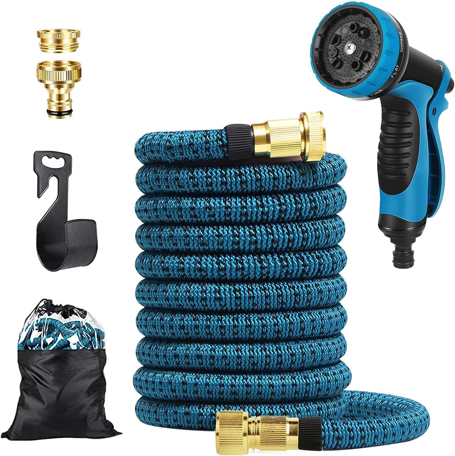 HELEE Flexible Garden Hose 100ft, Expandable Water Hose with 10 Shower Adapter, Brass Hanger, Irrigation, Gardening, Retractable, Heavy Duty Hose, 4-Layer Latex Core Connection(Blue)