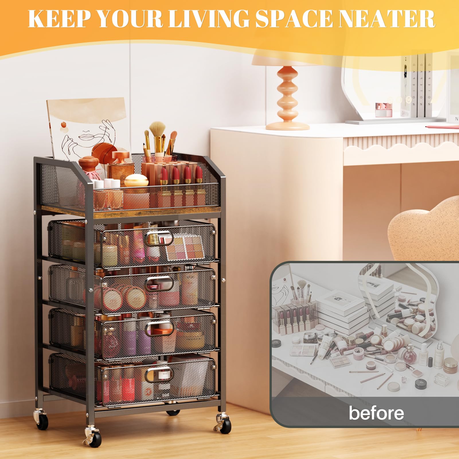 SUNALLY Rolling Makeup Cart with Drawers, 5-Tier Metal Beauty Organizer