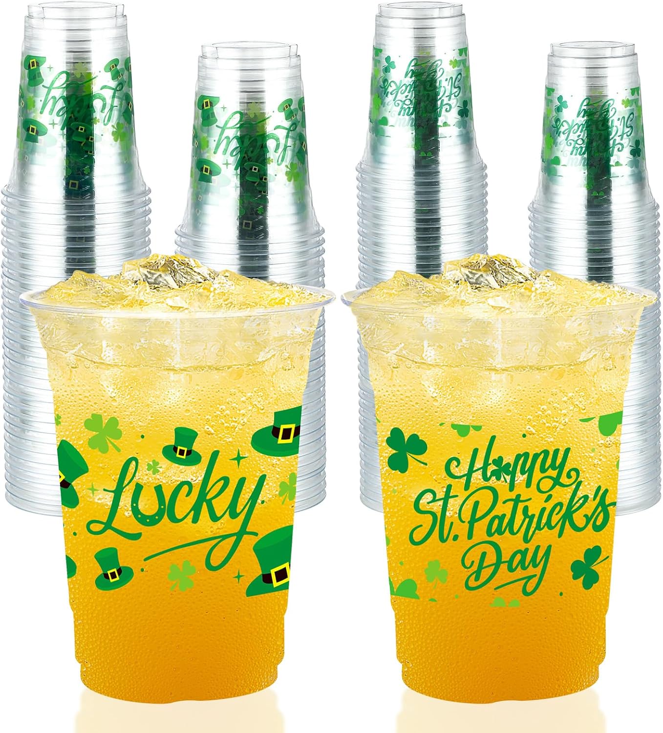 100 Pcs St Patrick's Day Plastic Cups 16 oz Green Shamrock Disposable Plastic Cups Lucky Clover Clear Cocktail Glasses for St Patrick's Day Party Juice Drinking Snacks Coffee Party Supplies