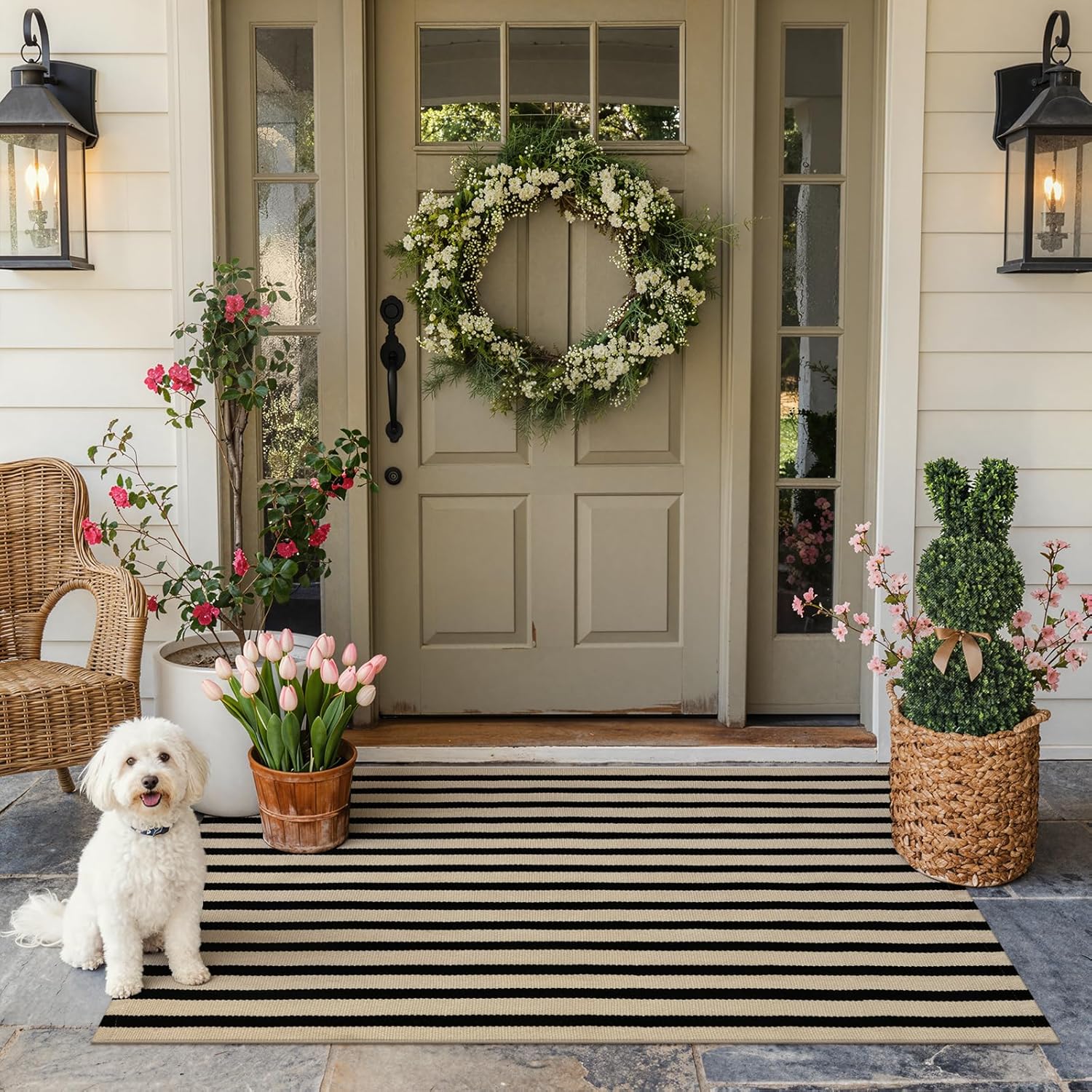 KIMODE Black and Khaki Striped Outdoor Rug 3'x 5', Washable Reversible Striped Outdoor Patio Rugs, Cotton Hand-Woven Farmhouse Welcome Layered Door Mats for Front Door, Entryway, Porch Decor