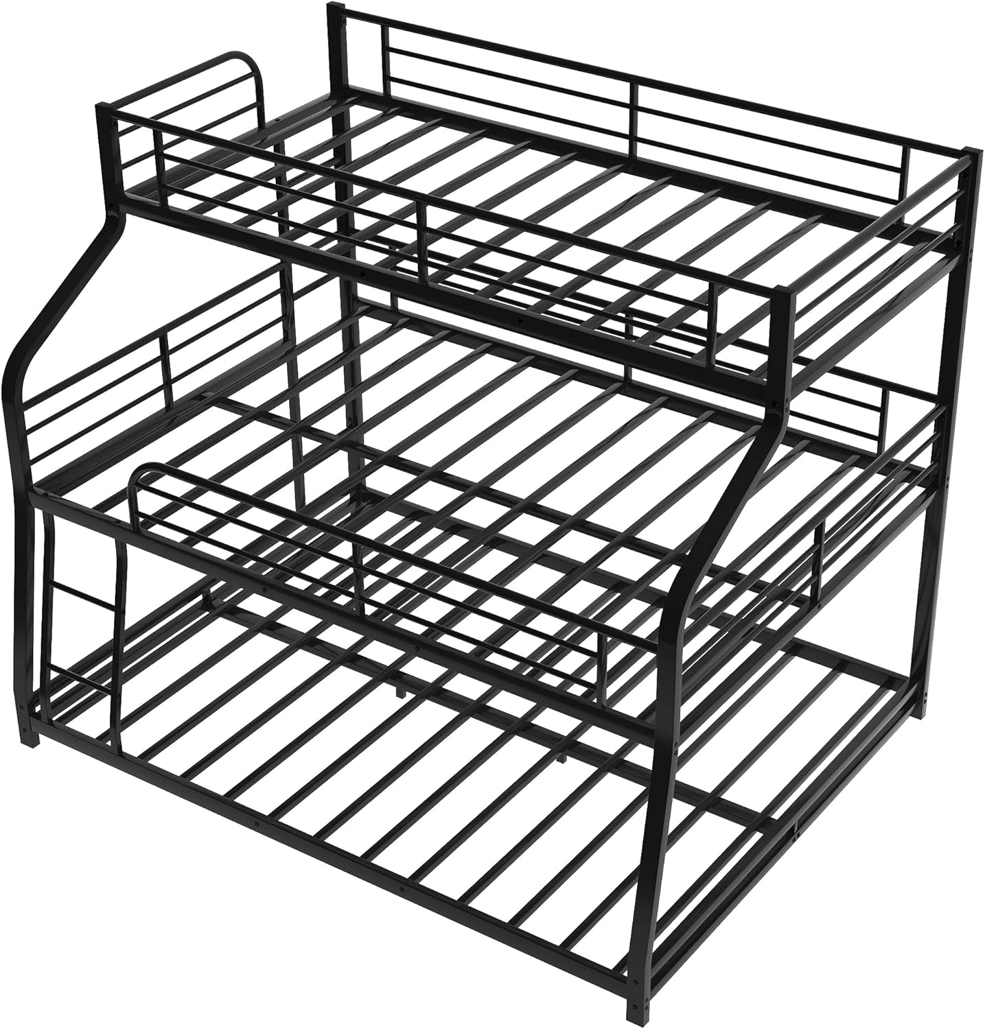 Twin XL Over Full Over Queen Triple Bed, Metal 3 Bunk Beds Frame with Full-Length Guardrails, Two Ladder for Kids Teens(Black)
