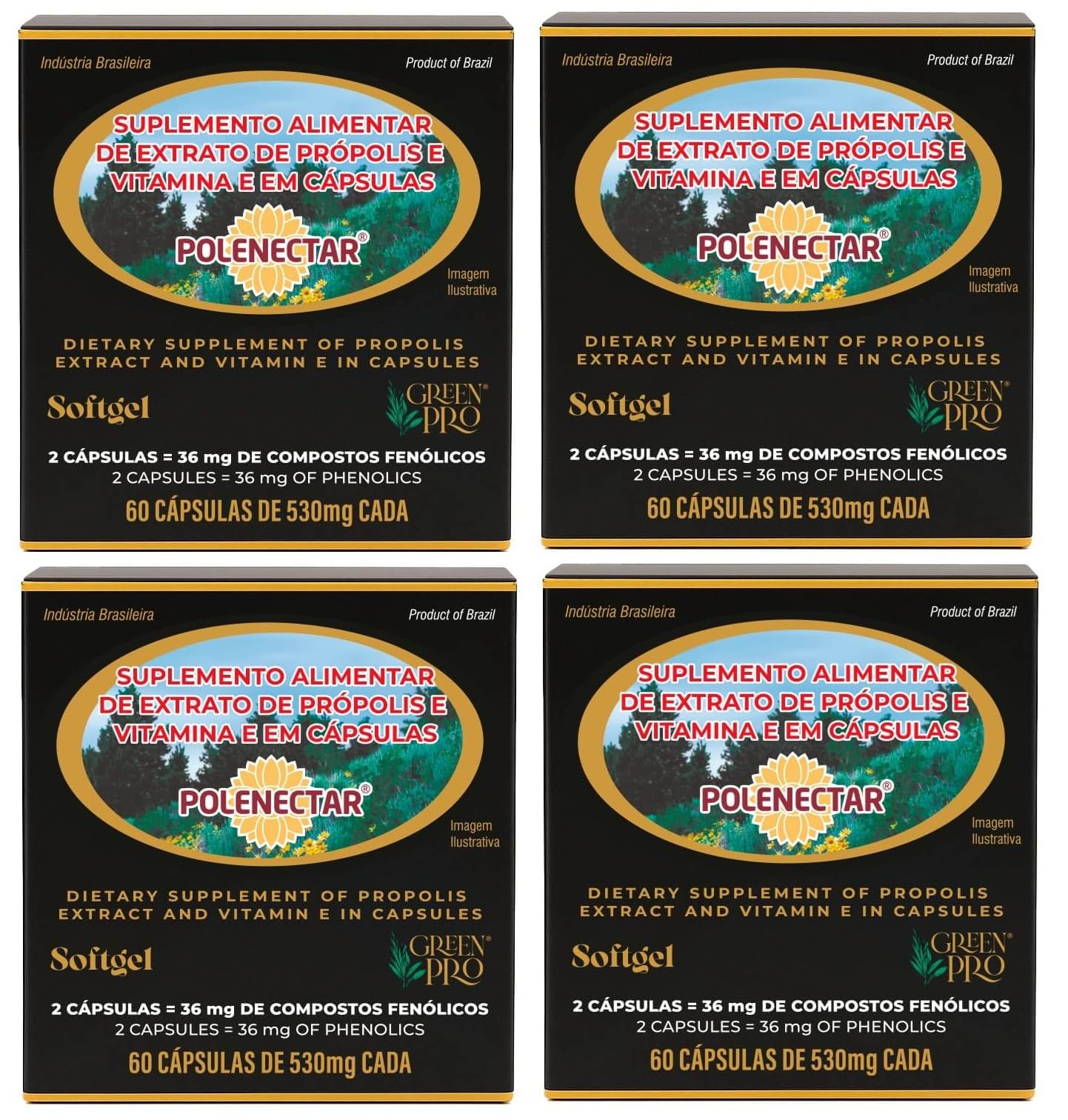 4 Boxes of Polenectar Brazil Green Bee Propolis 300 Milligram (60 Softgels)