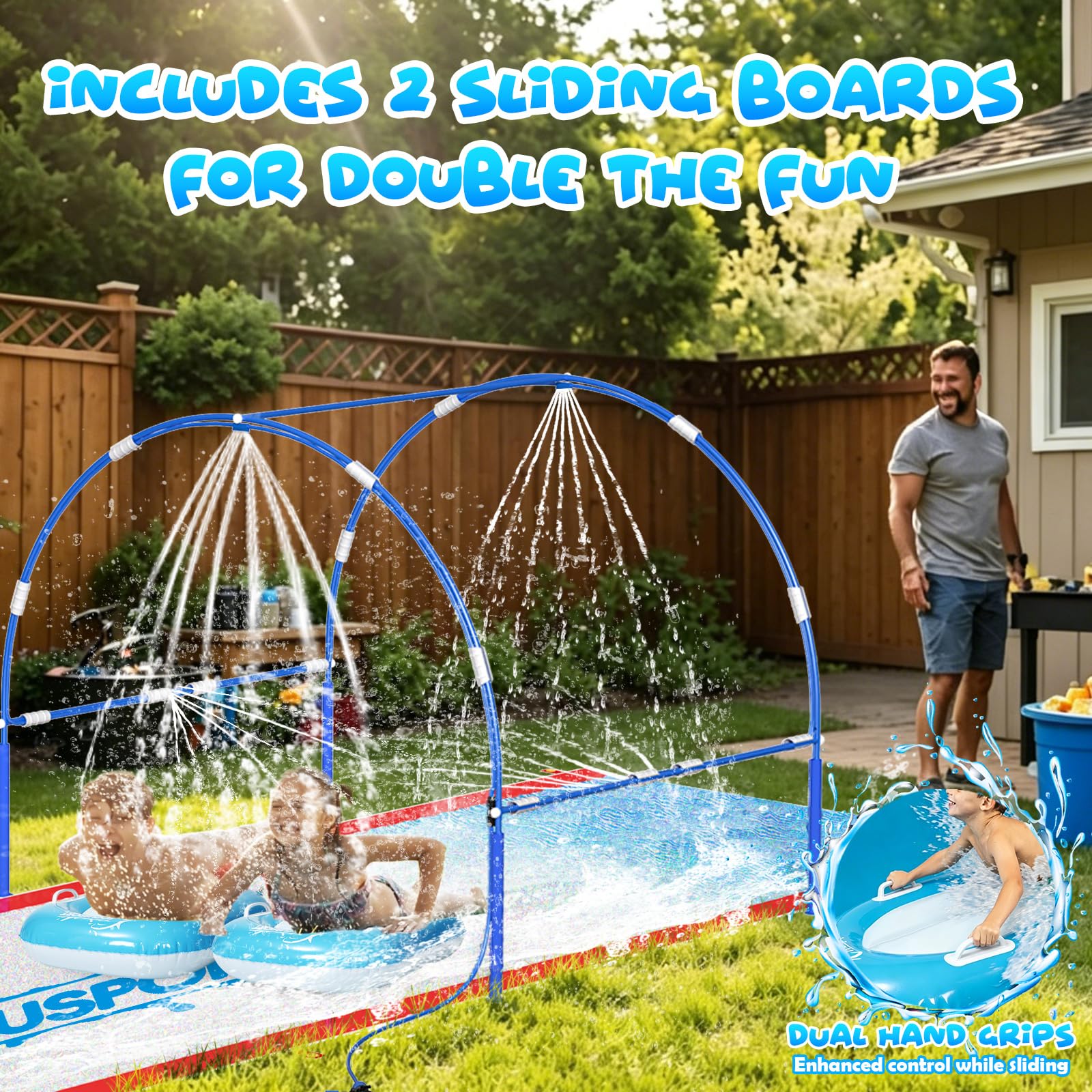 Toboggan à eau de pelouse de 7,9 m avec double cadre en métal et système d'arrosage indépendant, toboggan aquatique pour enfants, comprend 2 bodyboards, 6 piquets, pompe à air, jouet