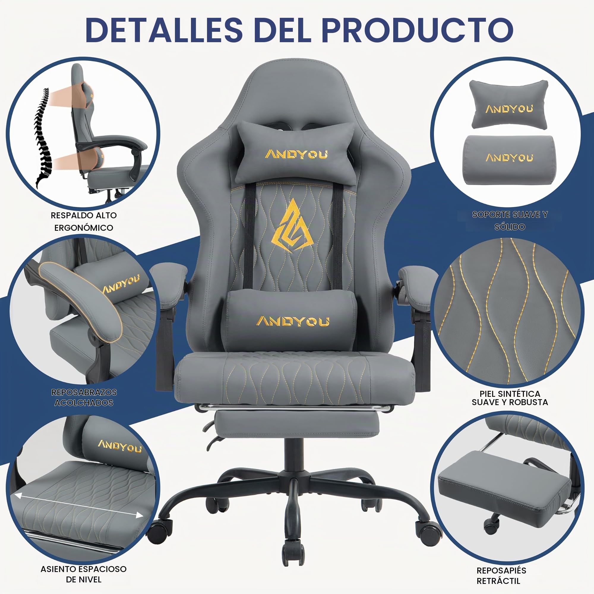 Andyou Silla Gaming Ergonómica Profesional con Soporte Lumbar - Silla Gamer para Adulto, Giratoria y Reclinable con Reposapiés Ajustable y Tela Transpirable, Soporte 150 kg para Oficina y PC