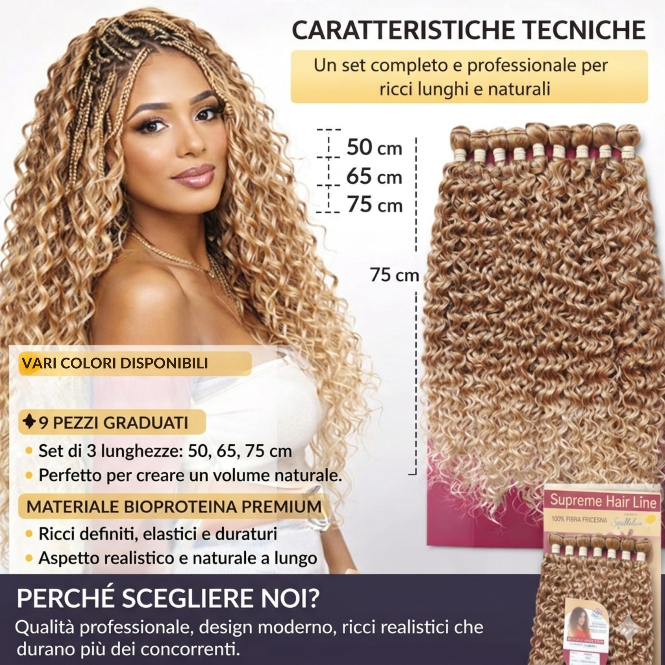 Extension Capelli Ricci Lunghi 75cm - Set 9 Pezzi 330g in Bioproteina – Look Naturale Voluminoso Ondulato – Scalatura Professionale 65/70/75cm - Effetto Riccio (Natural Black), PAMELA
