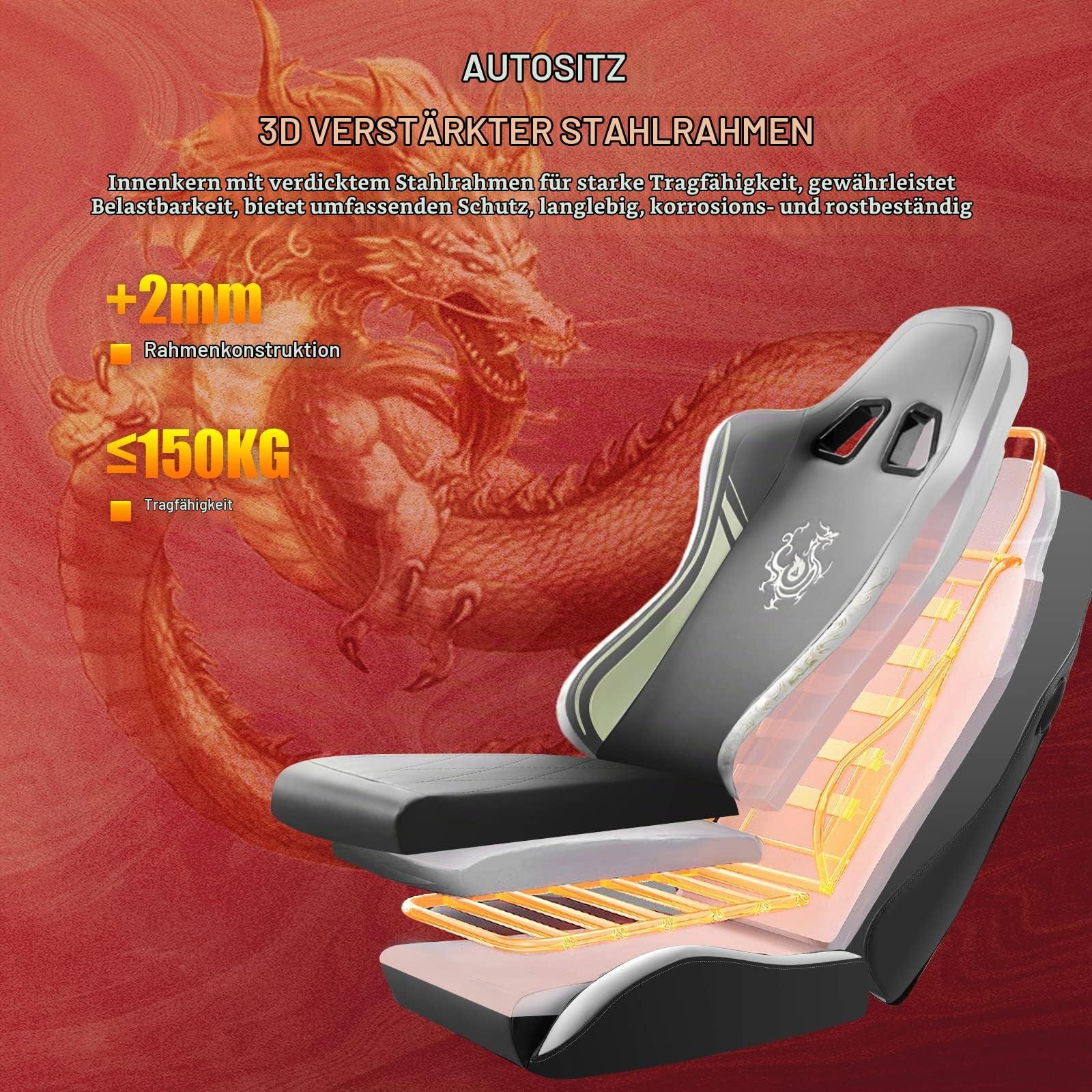 GTPLAYER Gaming Stuhl Gamer Stuhl mit Bluetooth-Lautsprechern und Fußstütze, Dragon Series Bürostuhl, Ergonomischer Drehsessel, Computerstuhl 150KG, Grau