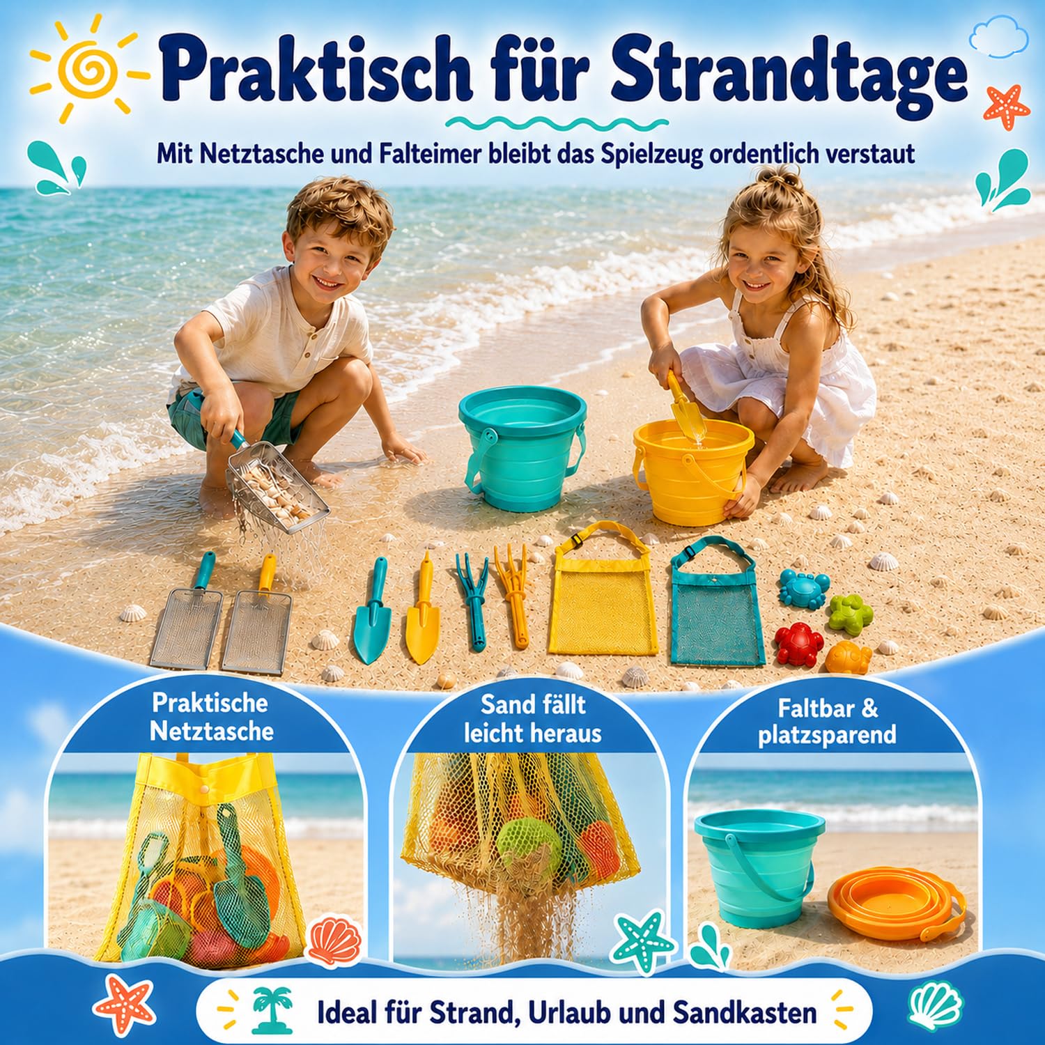 Sandspielzeug Set Kinder 14-teilig, Strandspielzeug mit 2 faltbaren Eimern, Schaufeln, Rechen, Sandsieben, Netzbeuteln & Sandformen, Sandkastenspielzeug für Strand Urlaub ab 3 Jahren
