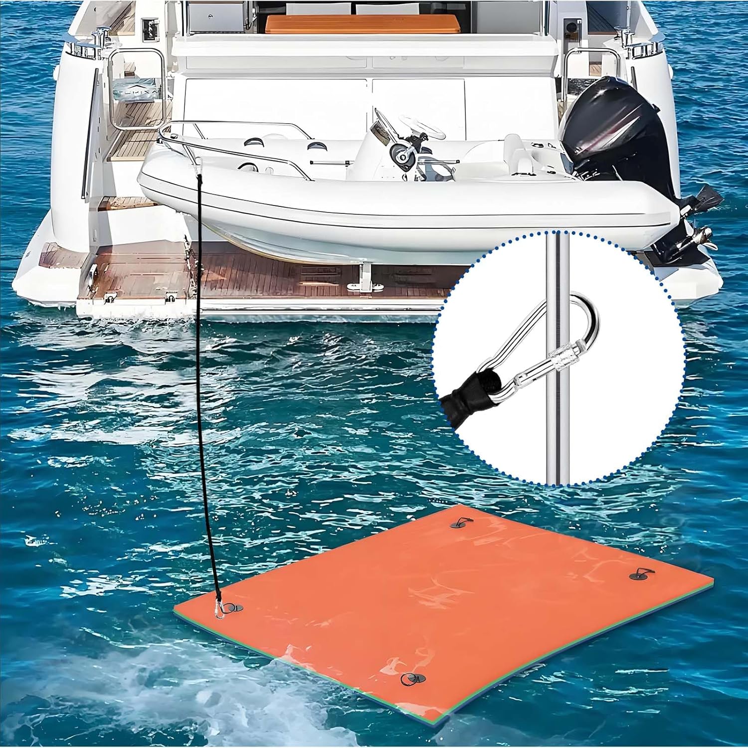 2Pcs 118 Inch Foam Water Pad Mat Bungee Cord Lily Pad Bungee Cord with 2 Carabiners Foam Lake Mat Cord Floating Mat Tether Kit for Secure Mooring